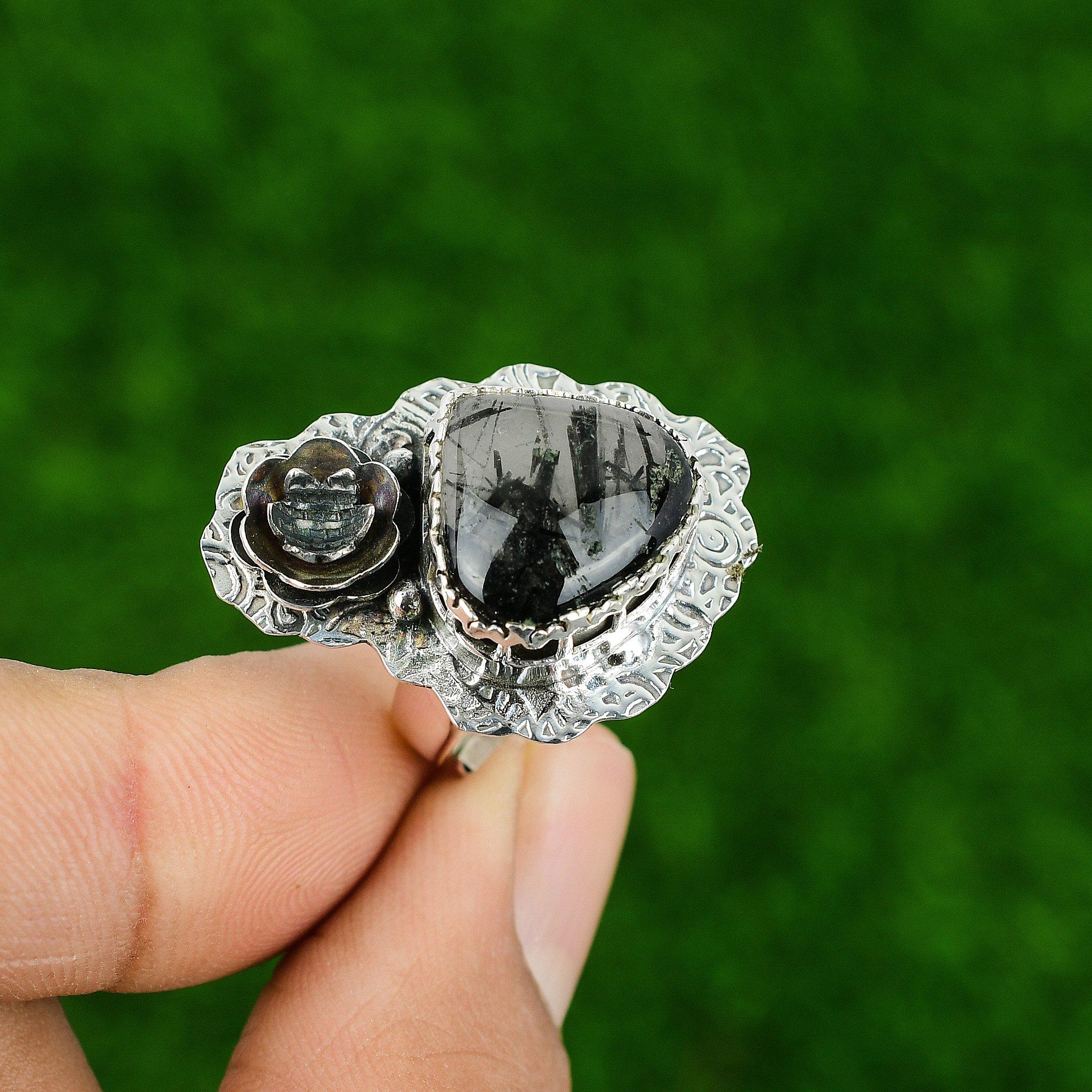Black Rutile Stone 925 Sterling Silver Birthday Flower Statement Ring Jewelry
