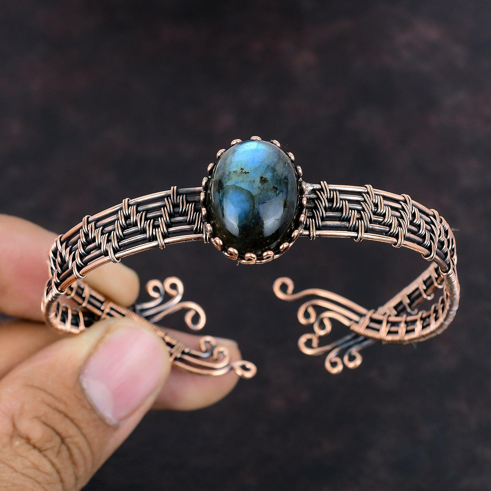 Браслет из лабрадорита, браслет-манжета из медной проволоки, ювелирные изделия из лабрадорита, регулируемый браслет, браслет-манжета из драгоценных камней, браслет ручной работы для подарка