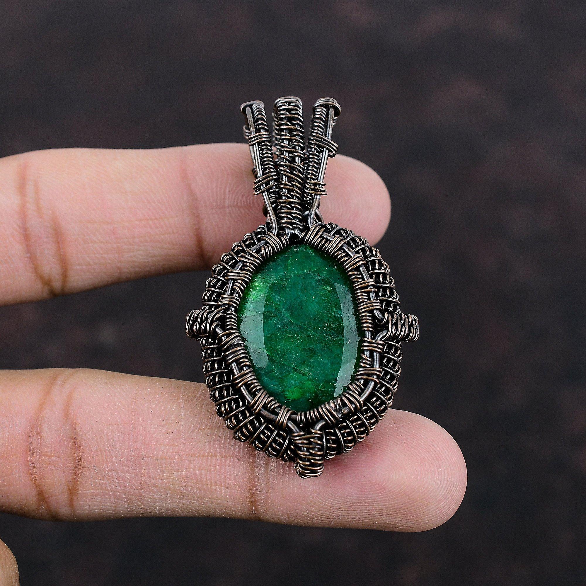 Faceted Zambian Emerald Pendant Copper Wire Wrapped Pendant Boho Pendant Handmade Wire Wrap Jewelry Gift For Mother Copper Gemstone Jewelry