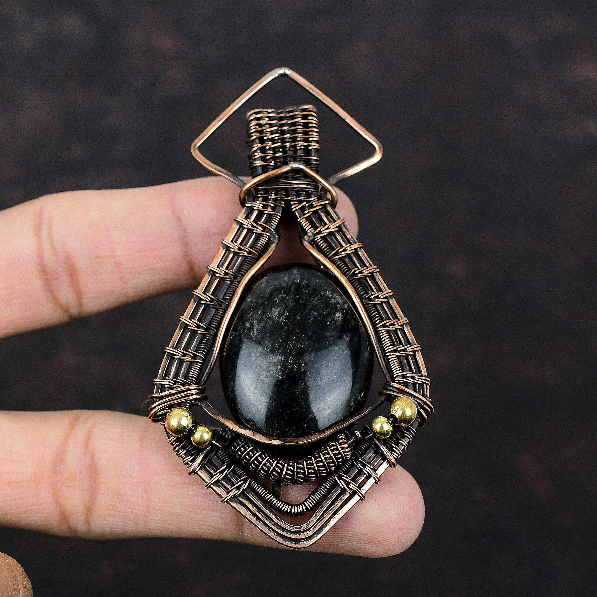 Серебряный блестящий обсидиановый кулон, медная проволока, обернутая кулоном, драгоценный камень, медные украшения, ручная работа, дизайнерский кулон, проволочная обертка, ювелирное изделие, подарок для нее