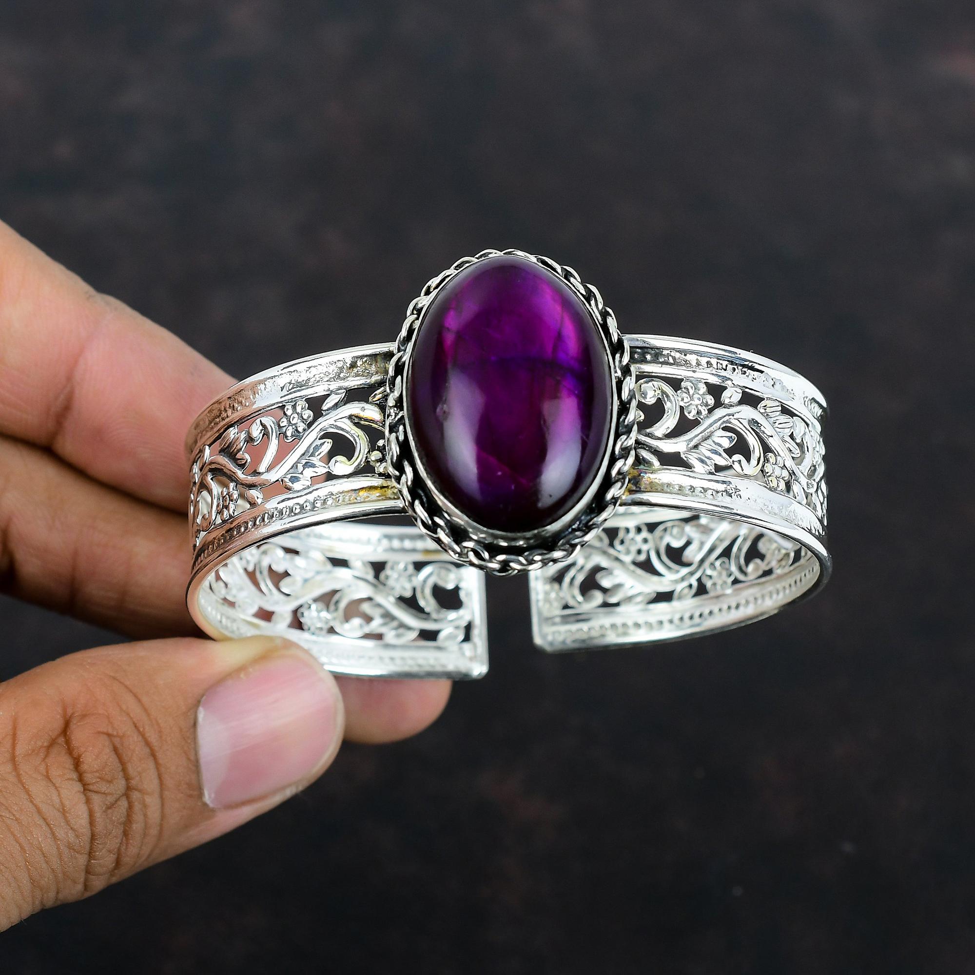 Браслет-манжета из фиолетового огненного лабрадорита, драгоценный камень, достойные ювелирные изделия, браслет из стерлингового серебра 925 пробы, регулируемый браслет-манжета, ювелирные изделия ручной работы