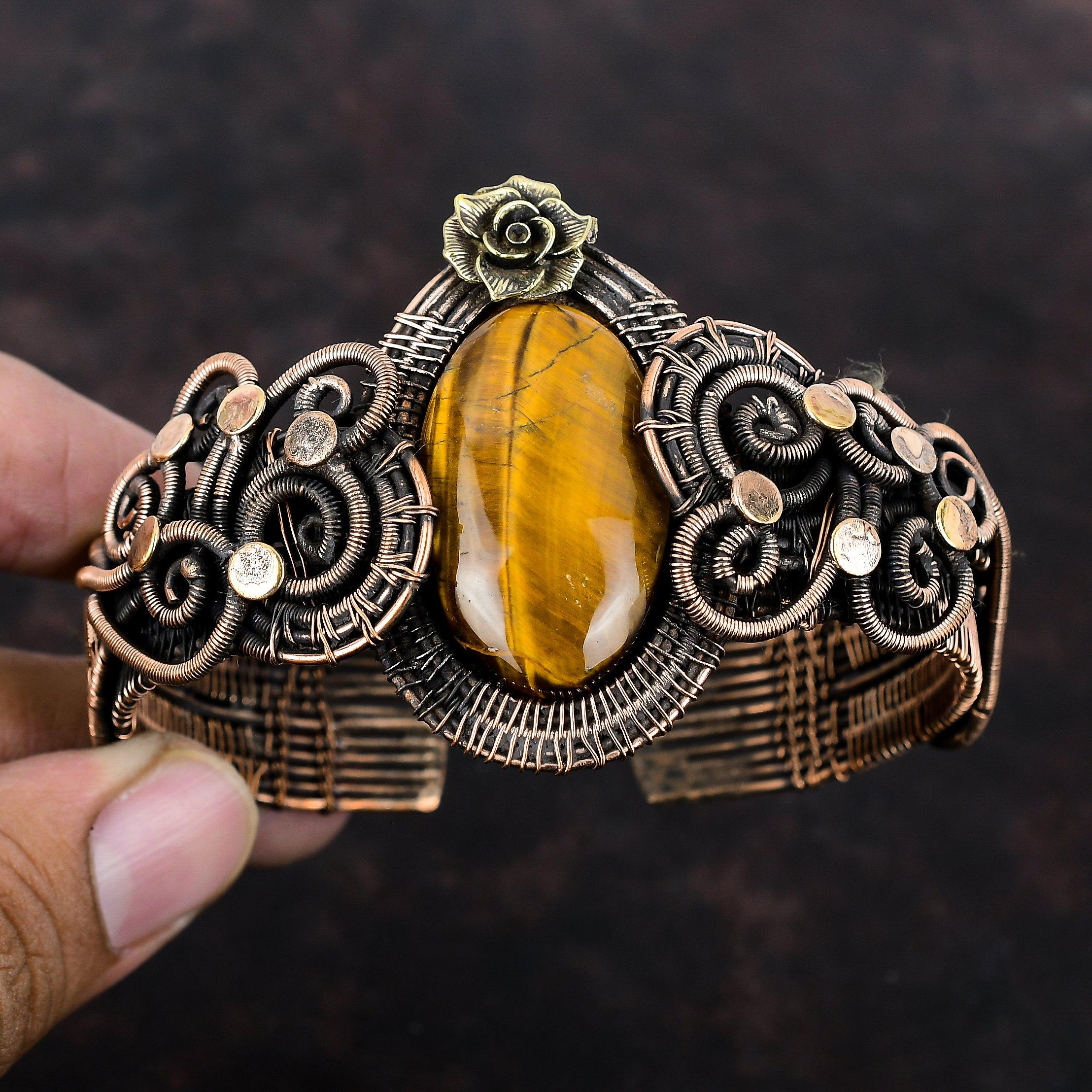 Браслет-манжета с драгоценным камнем тигровый глаз, браслет из медной проволоки, регулируемый браслет-манжета ручной работы, подарок на помолвку, медные украшения, цветочный браслет