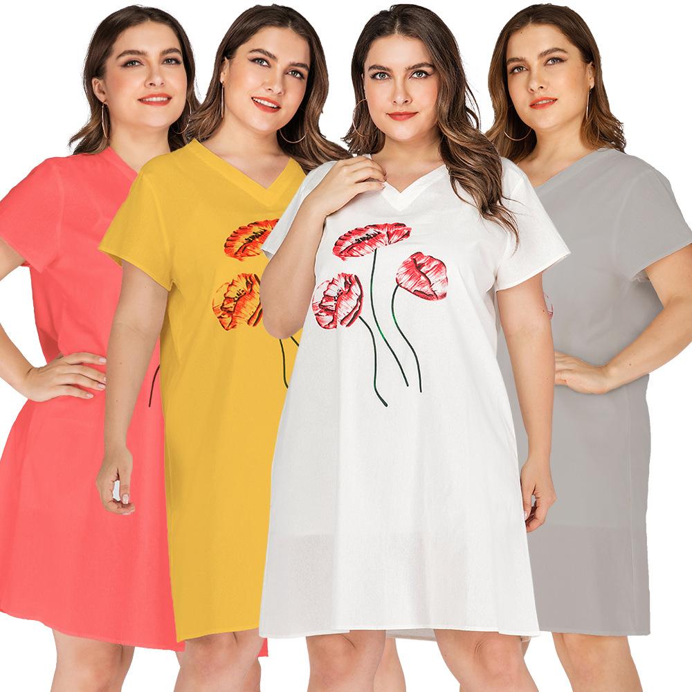 Summer Women's Dress Large Size V-neck Casual Print Loose Short-sleeved Dress