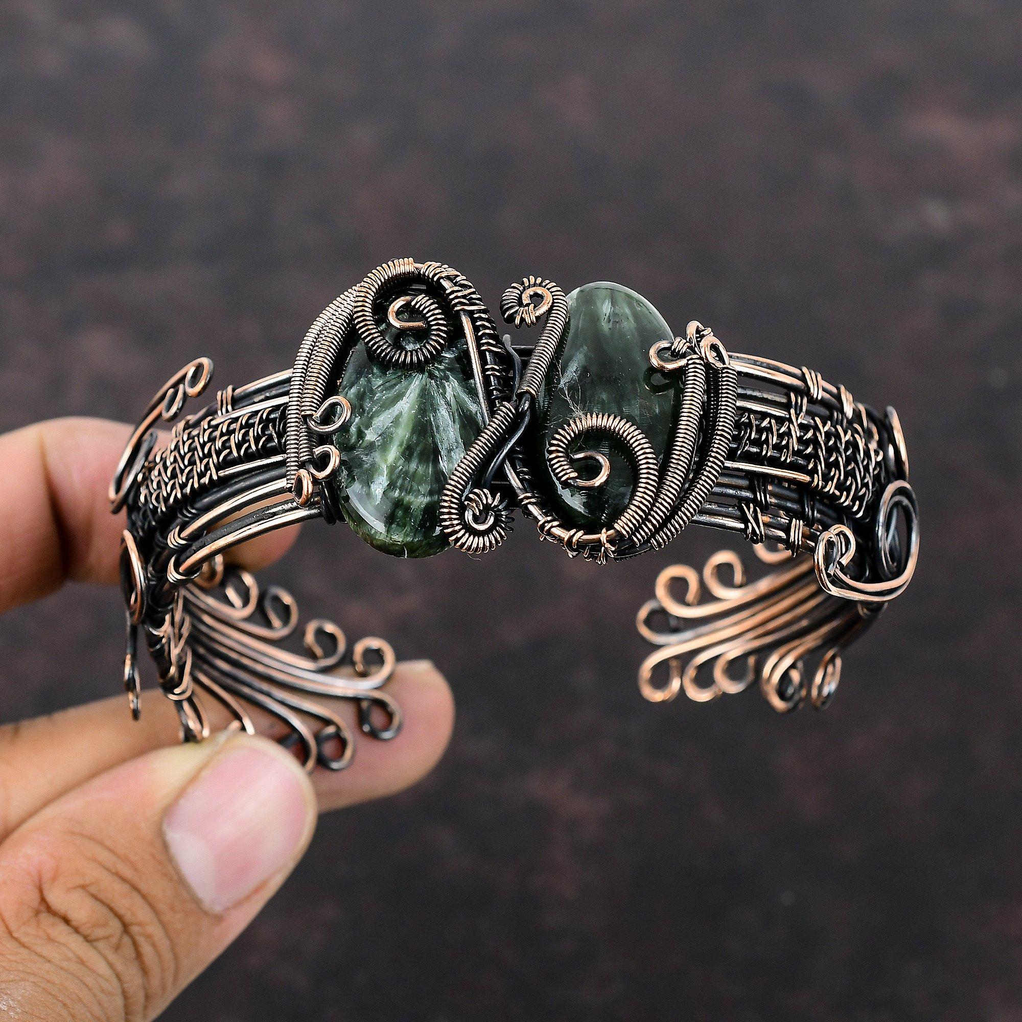 Браслет с серафинитом, медная проволока, ювелирные изделия из драгоценных камней, регулируемый браслет, ювелирные изделия ручной работы, медный браслет-манжета, браслет, завернутый в проволоку, для подарка