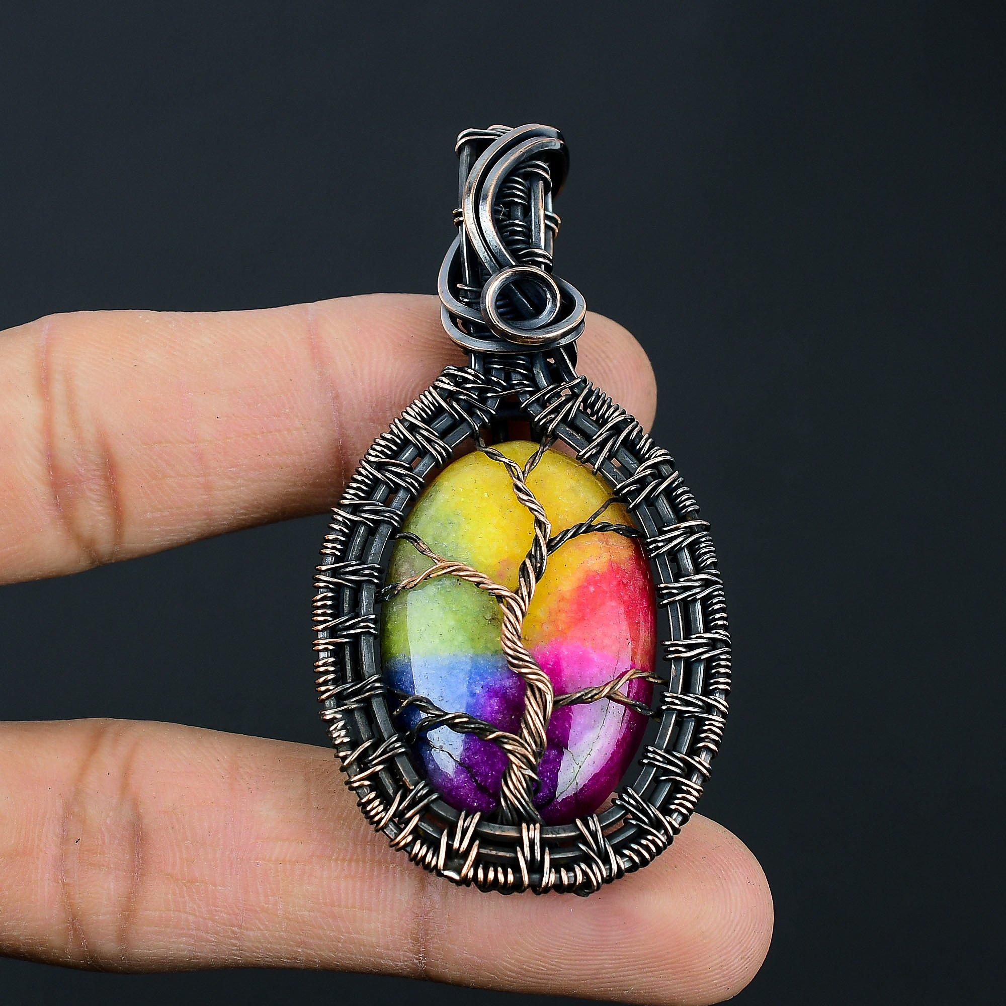 Древо жизни Радуга Солнечный кварц Драгоценный камень Чистая медная проволока Обертка ручной работы Роскошный ювелирный кулон