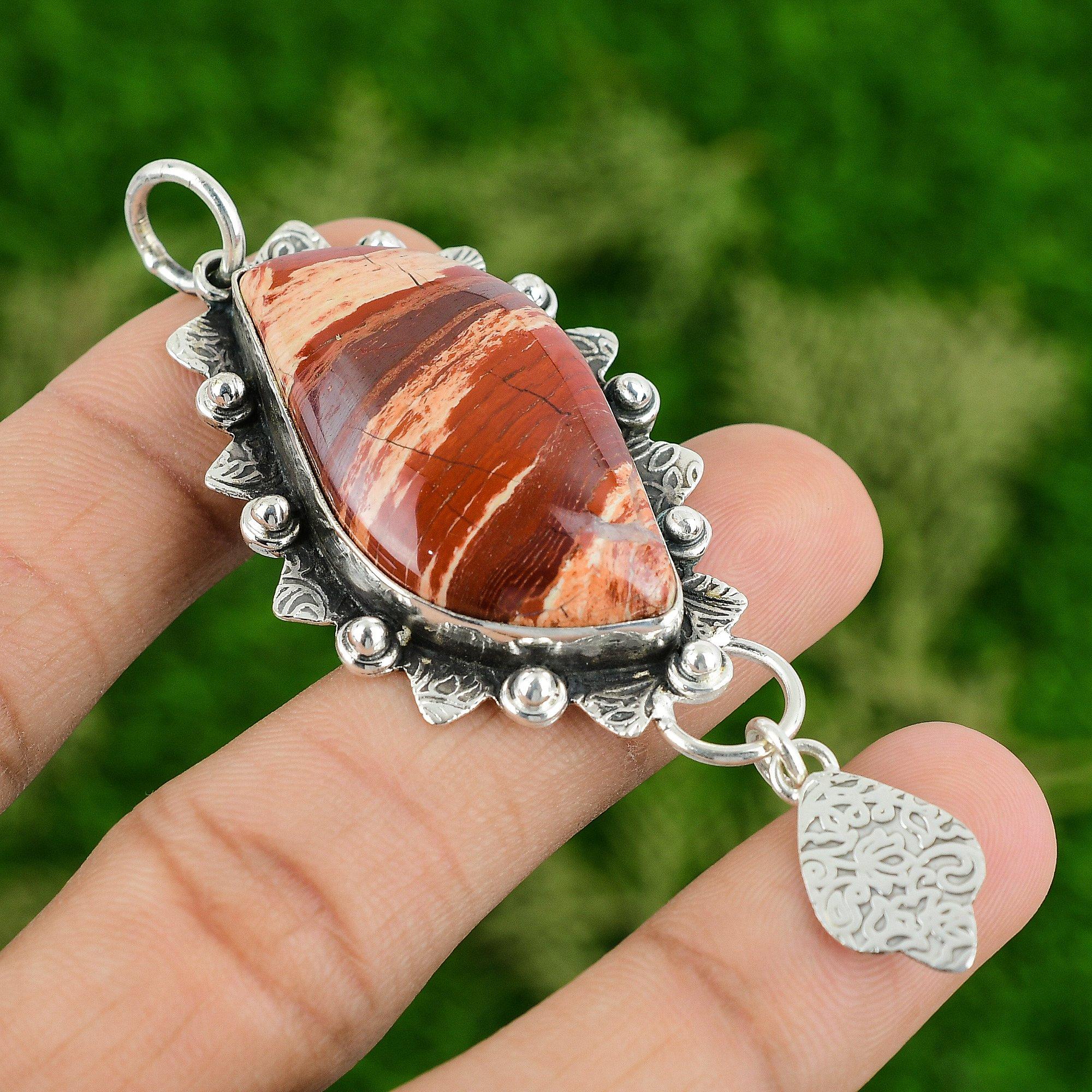 Sterling Silver Marquise Natural Red Snakeskin Jasper Wife New Pendant Jewelry