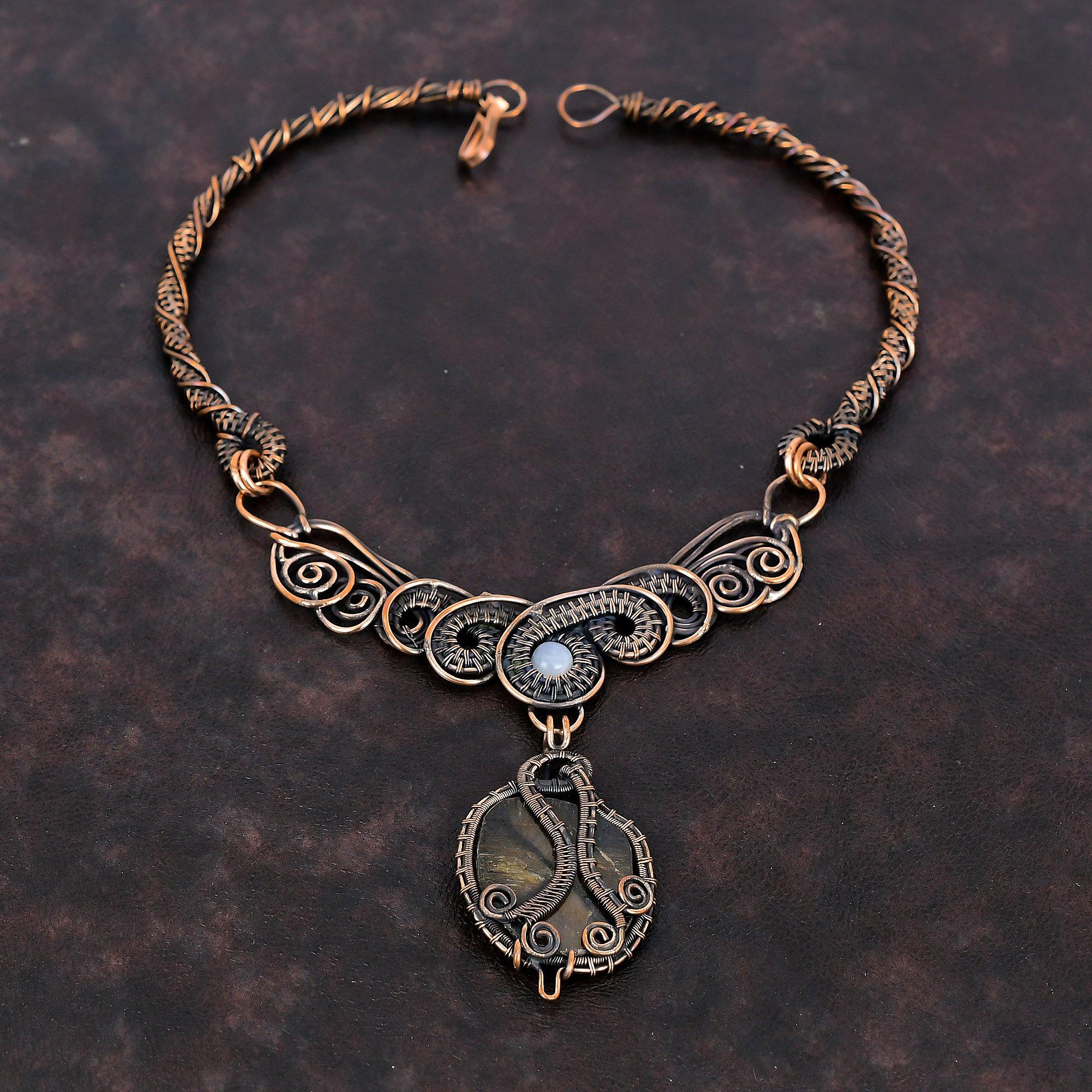 Ожерелье с хиастолитом, ожерелье из медной проволоки, ювелирные изделия из натуральных драгоценных камней, ожерелье из радужного лунного камня, медные украшения ручной работы, подарок для женщин