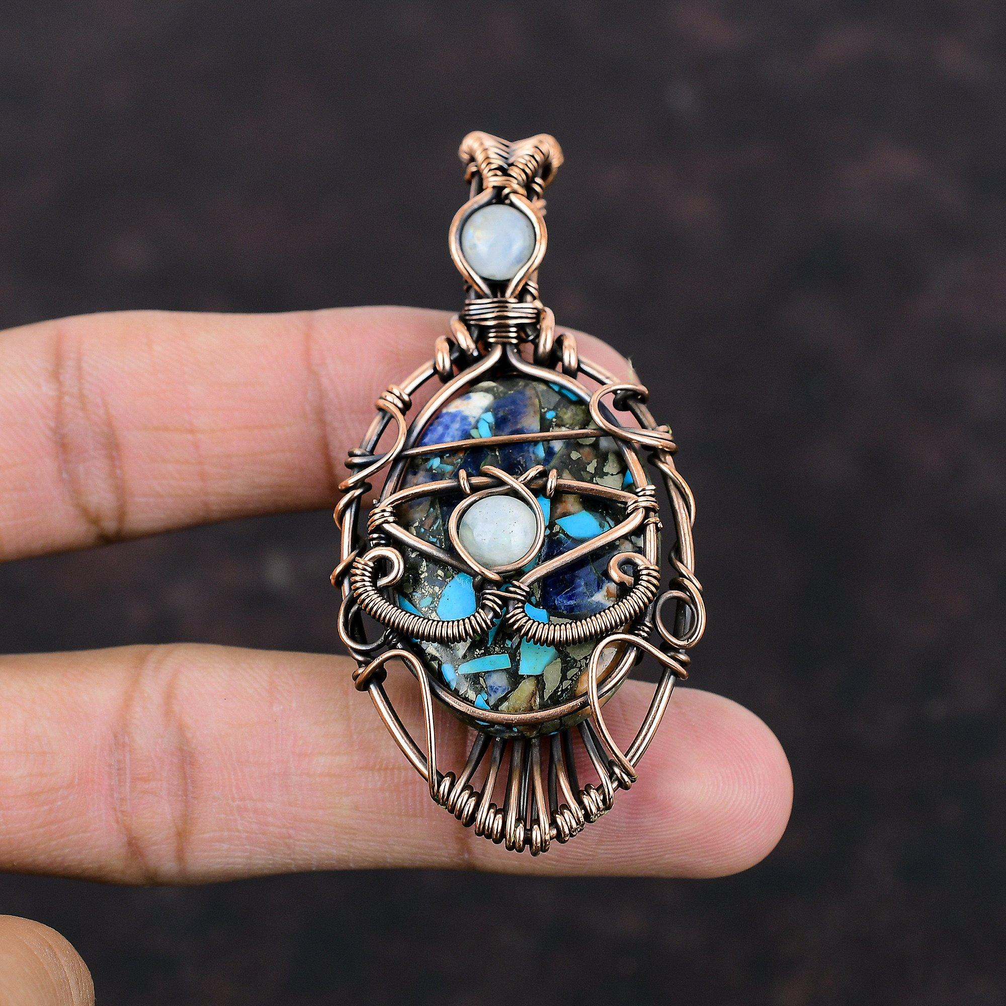 Evil Eye Copper Multi Turquoise Pendant Copper Wire Wrapped Pendant Moonstone Gemstone Pendant Copper Jewelry Gift For Her Handmade Pendant