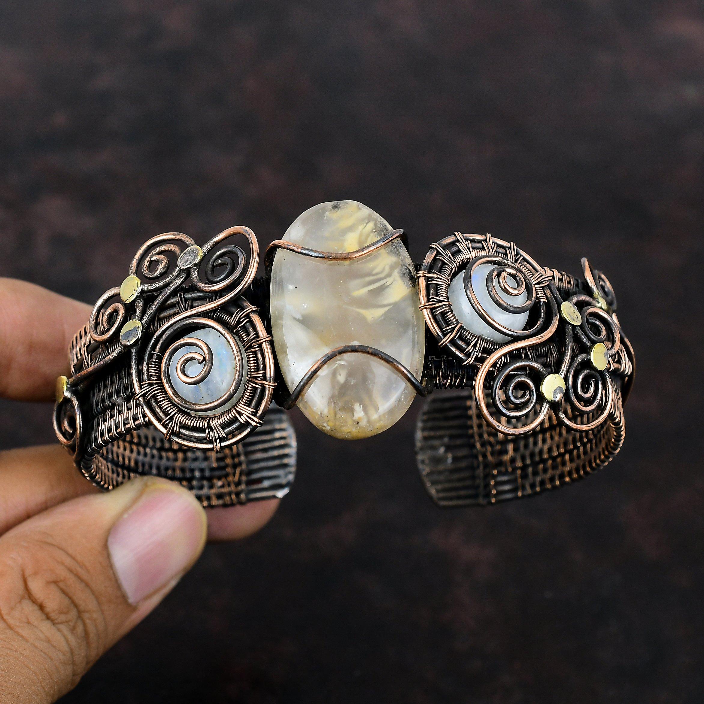 Plume Agate Gemstone Bangle Copper Wire Wrapped Cuff Bracelet Handmade Rainbow Moonstone Bangle Adjustable Cuff Bracelet Copper Wire Jewelry