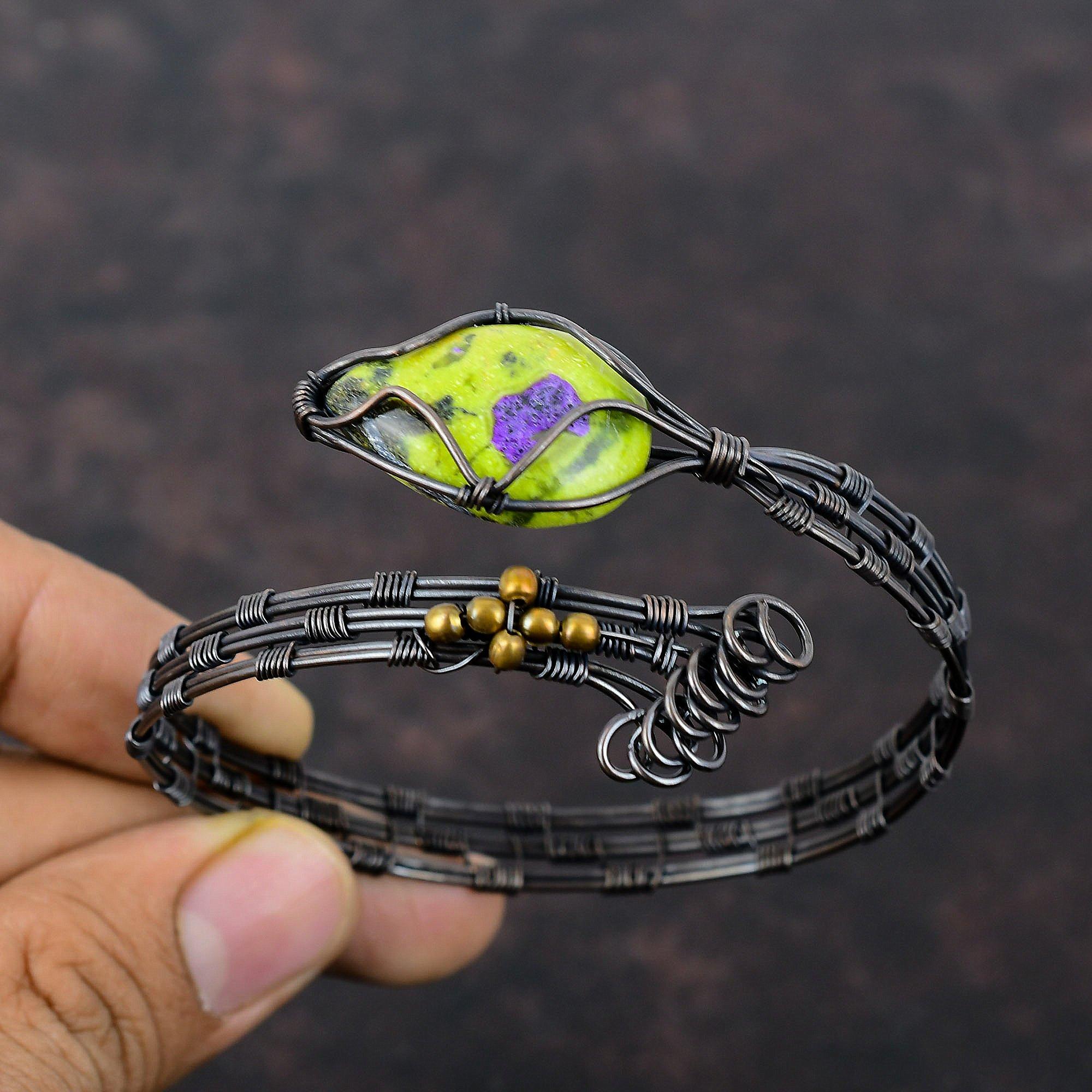 Браслет-манжета с самоцветом стихтит, обмотанный медной проволокой, регулируемый браслет-бенгл, медные украшения ручной работы, браслет-манжета, антикварные украшения для подарка