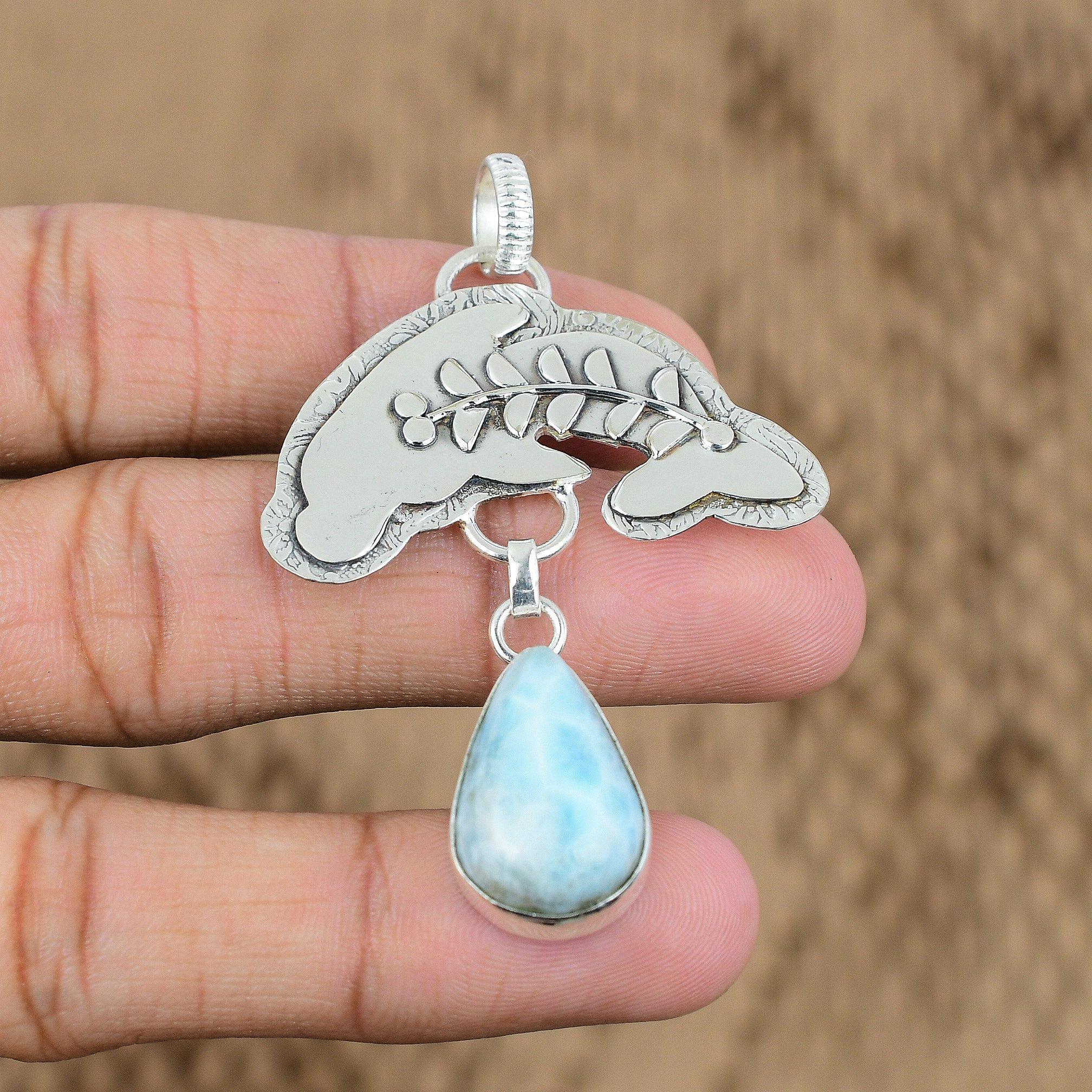 Birthday Gift For Her Natural Larimar Gemstone Pendant Fish 925 Sterling Silver