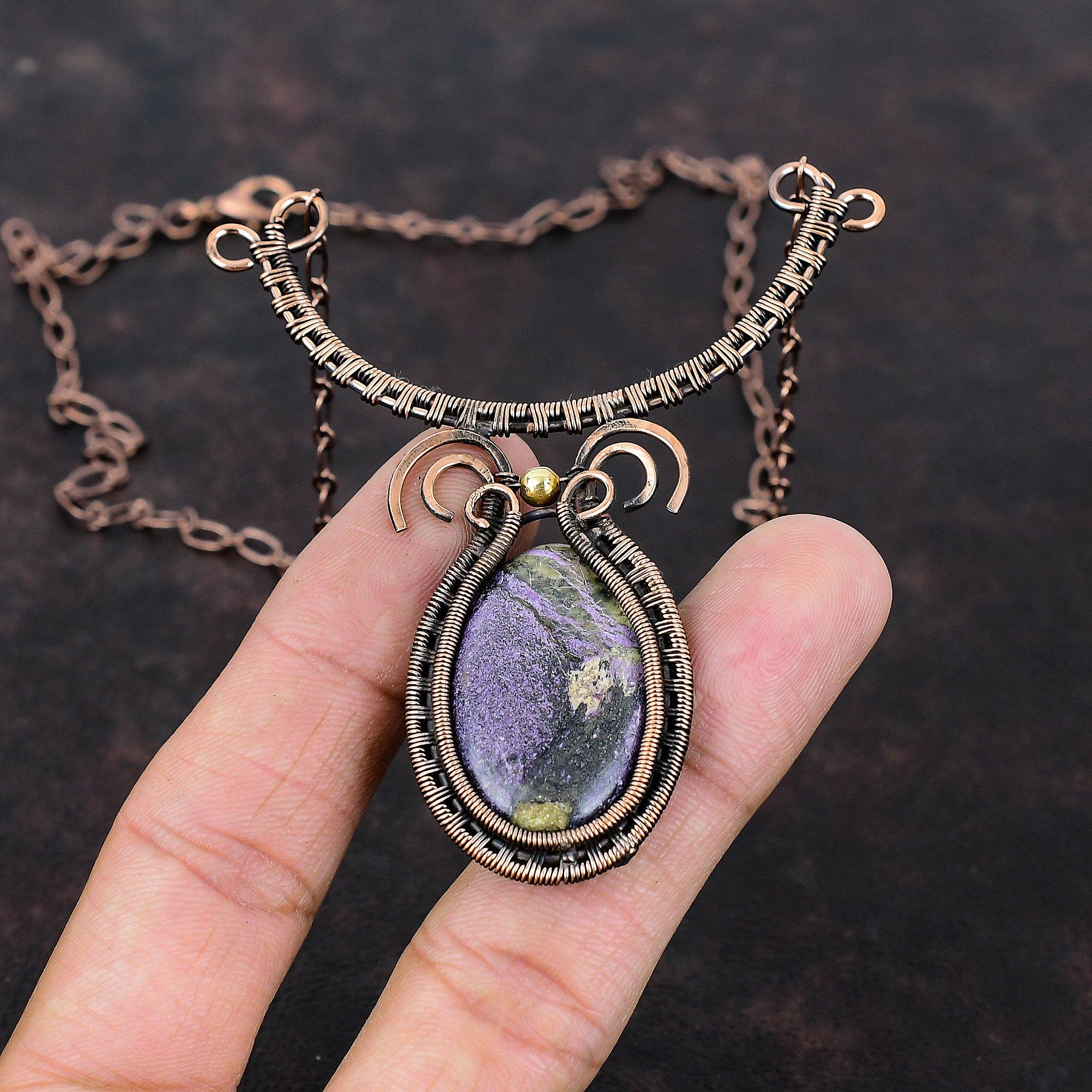 Пурпуритовое ожерелье, медная проволока, обернутая драгоценным камнем, ожерелье, изысканные ювелирные изделия ручной работы, регулируемое ожерелье, медная проволока, ювелирное изделие, подарок для женщин
