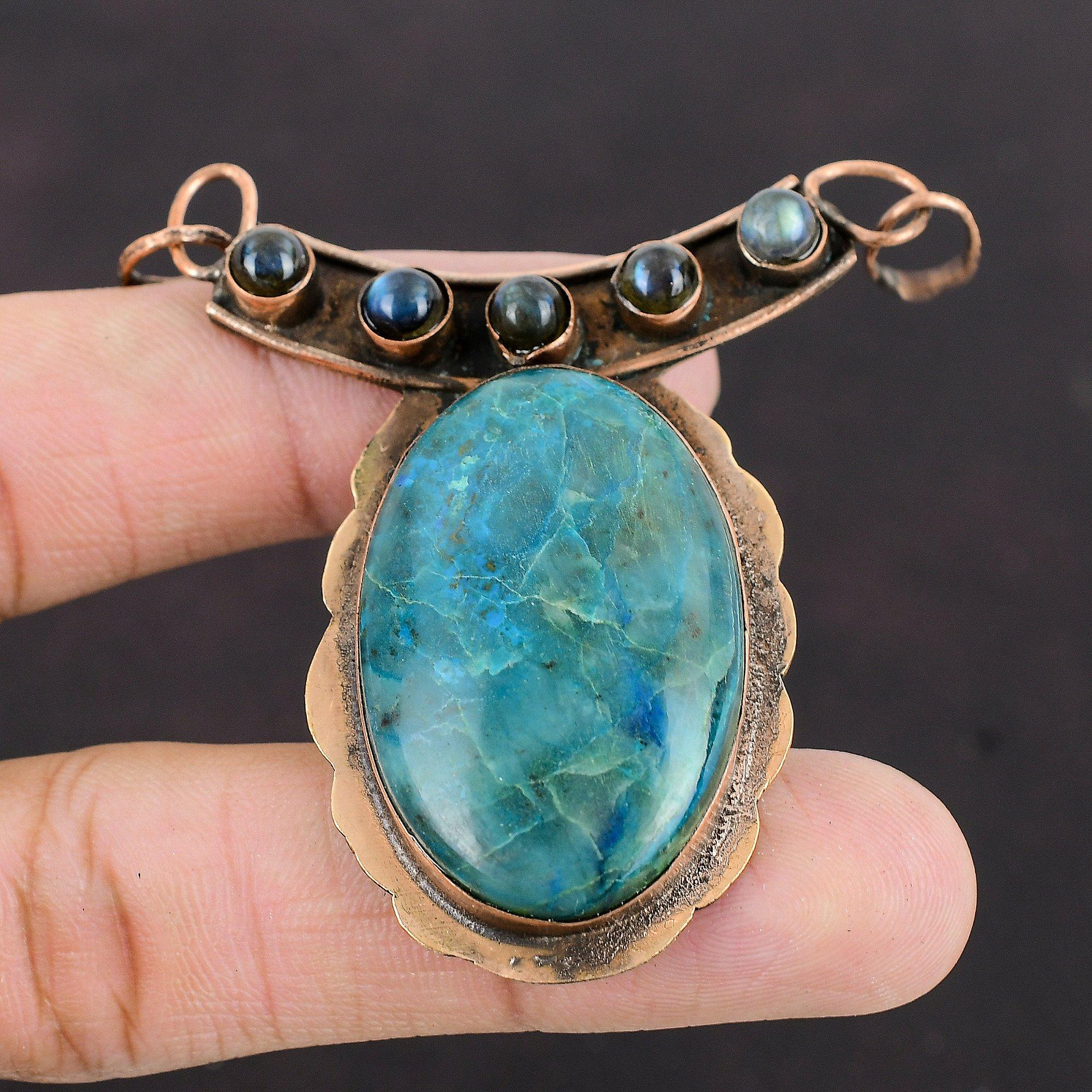 Подвеска из хризоколлы, медная подвеска, высококачественный драгоценный камень, подвеска из лабрадорита, медное ювелирное изделие ручной работы, подарок для нее, подвеска из камня по рождению