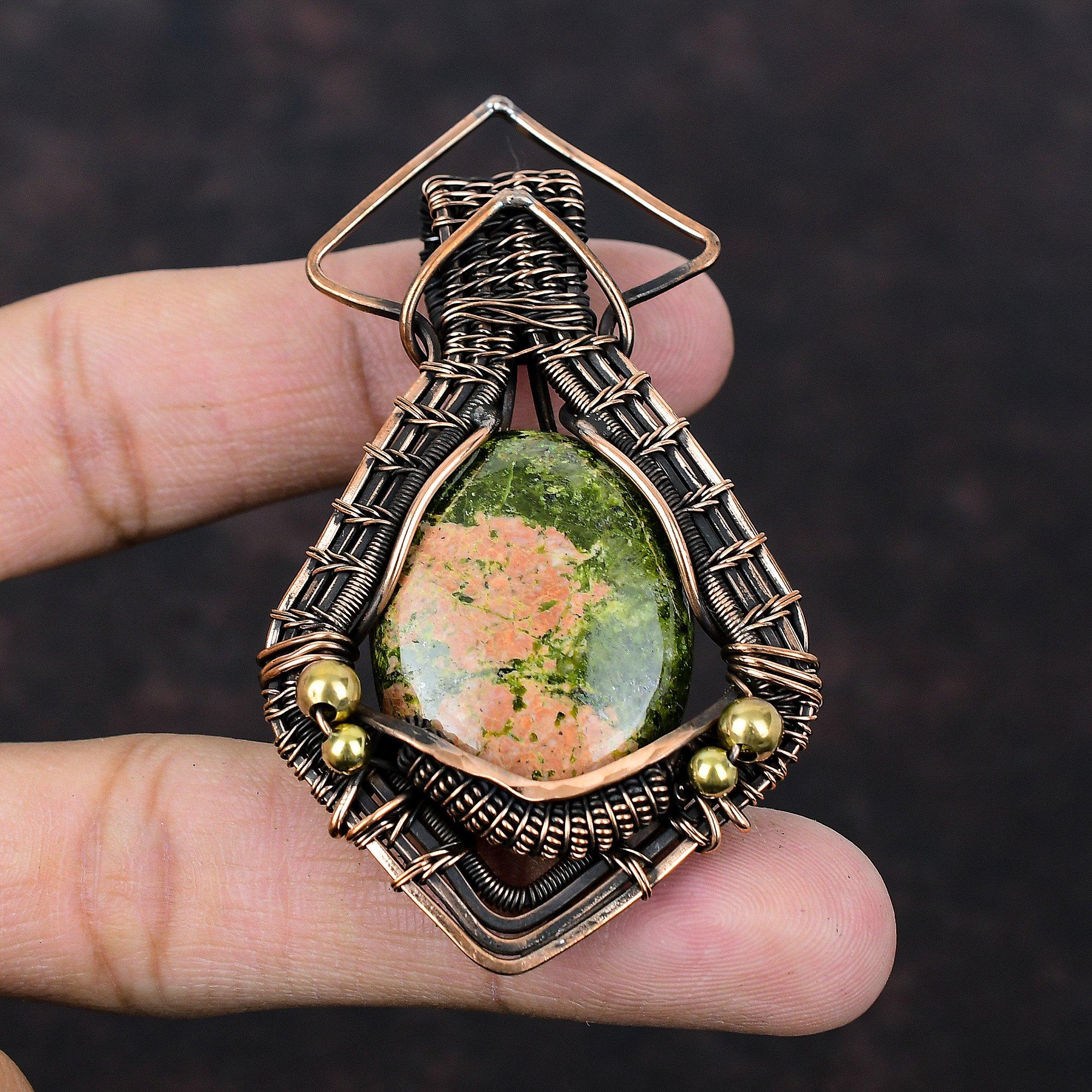 Унакитовый кулон, ювелирные изделия из медной проволоки, оригинальный кулон с драгоценным камнем, этнические украшения, кулон ручной работы, медный кулон для подарка