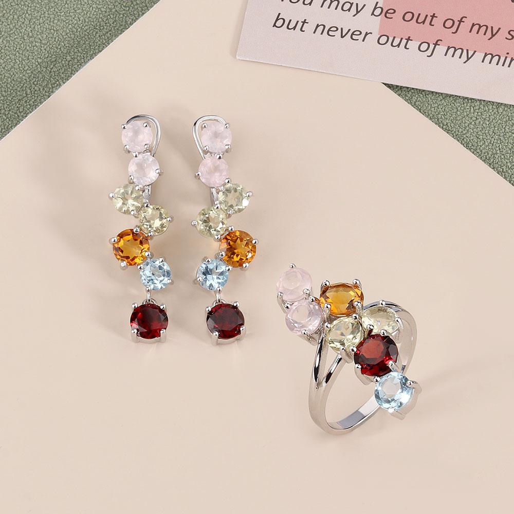 2023 Натуральные необычные цветные драгоценные камни Кольцо Серьги Комплект ювелирных изделий Стерлингового серебра 925 пробы Ювелирные изделия Женский подарок на юбилей, вечеринку, день рождения