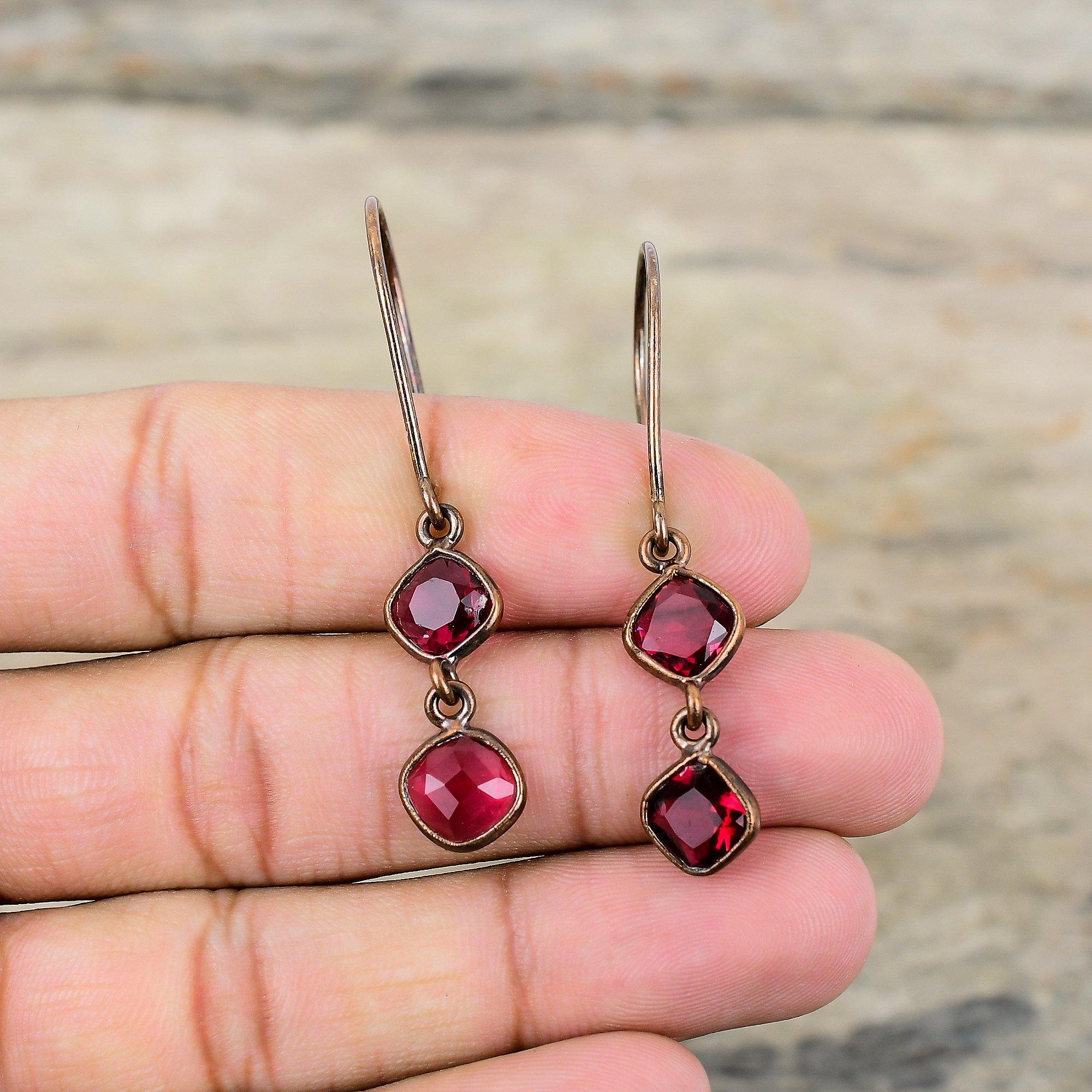 Граненые серьги с розовым турмалином, медные серьги, полученные гальваническим способом, серьги ручной работы с драгоценными камнями, ювелирные изделия из гальванической меди, уникальные серьги для подарка