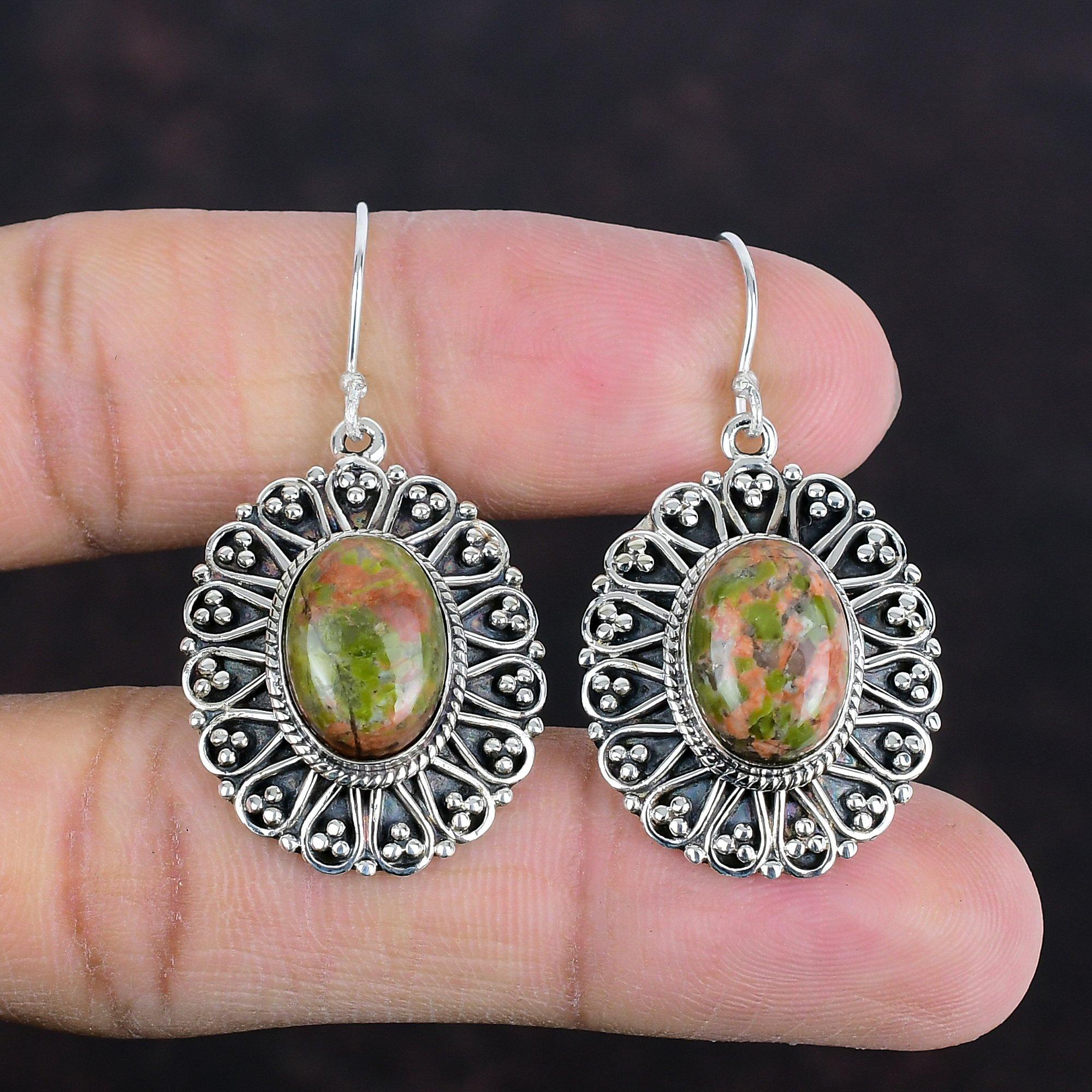 Серьги из унакита, серьги из драгоценных камней, винтажные украшения, серьги из стерлингового серебра 925 пробы, очень красивые украшения из унакита, серьги ручной работы, подарки на годовщину