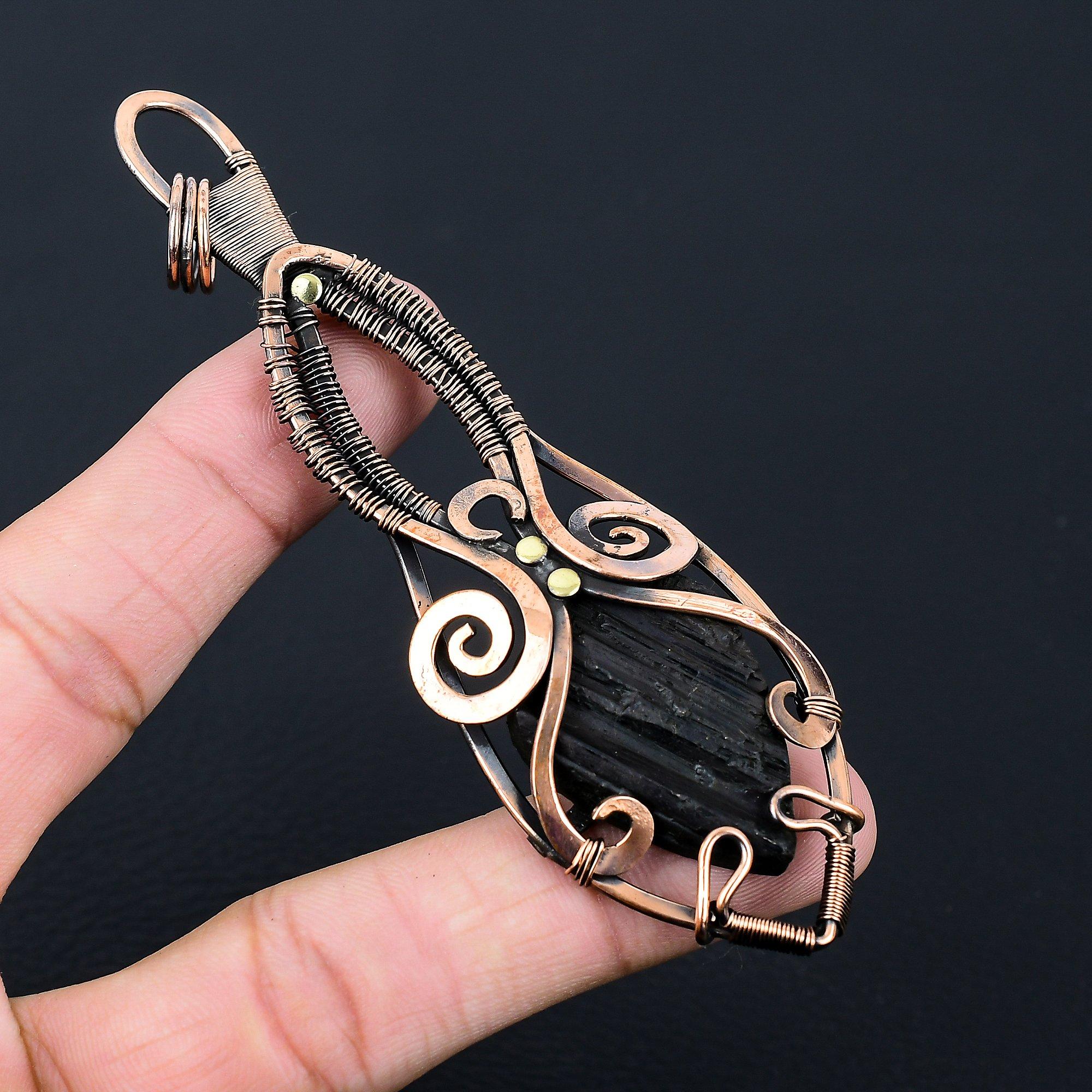 Черный турмалин, драгоценный камень, чистая медная проволока, обернутая подвеской ручной работы, ювелирный подарок для нее
