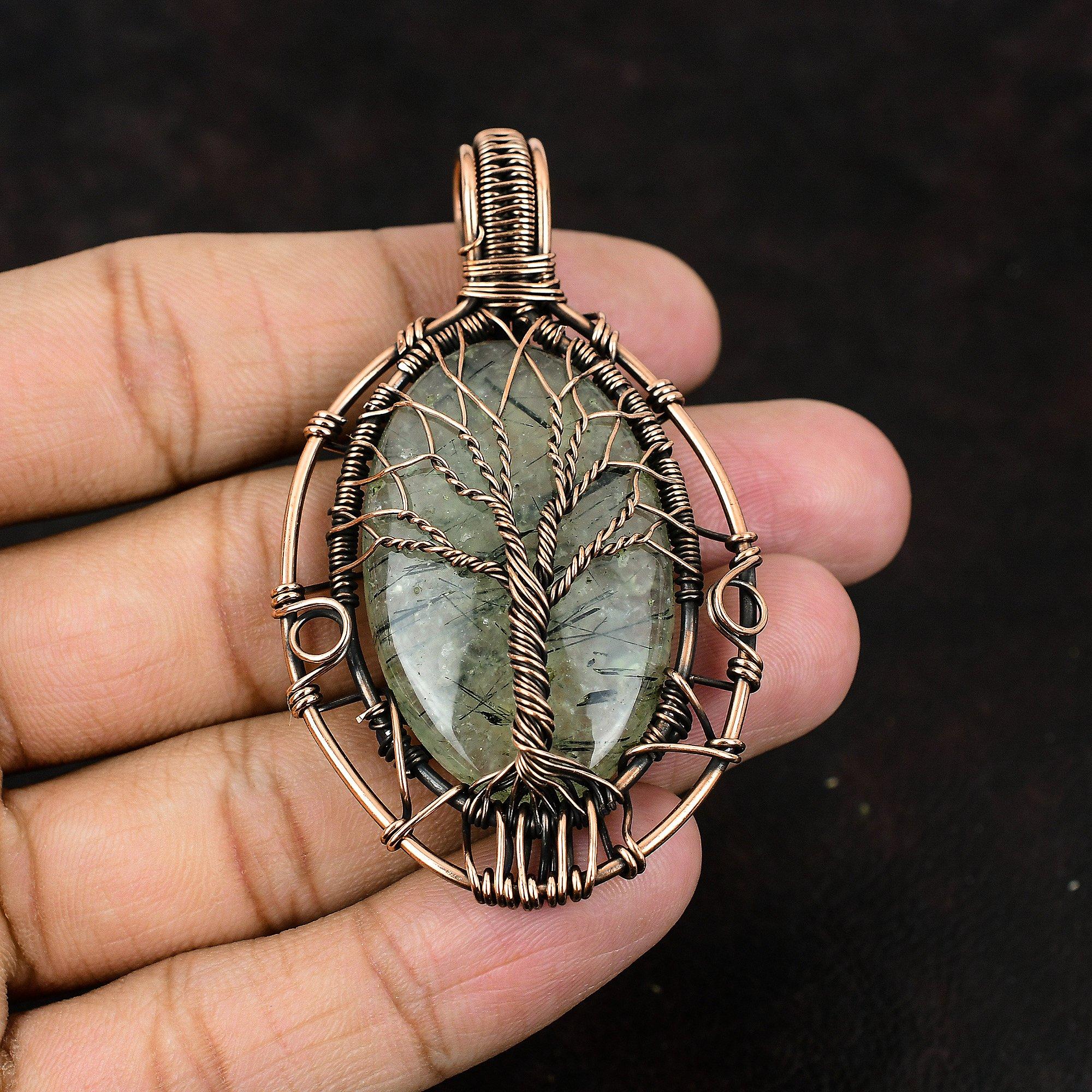 Tree Of Life Moss Prehnite Pendant Gemstone Copper Wire Wrapped Pendant Handmade Designer Jewelry Unique Moss Prehnite Pendant Gift For Love
