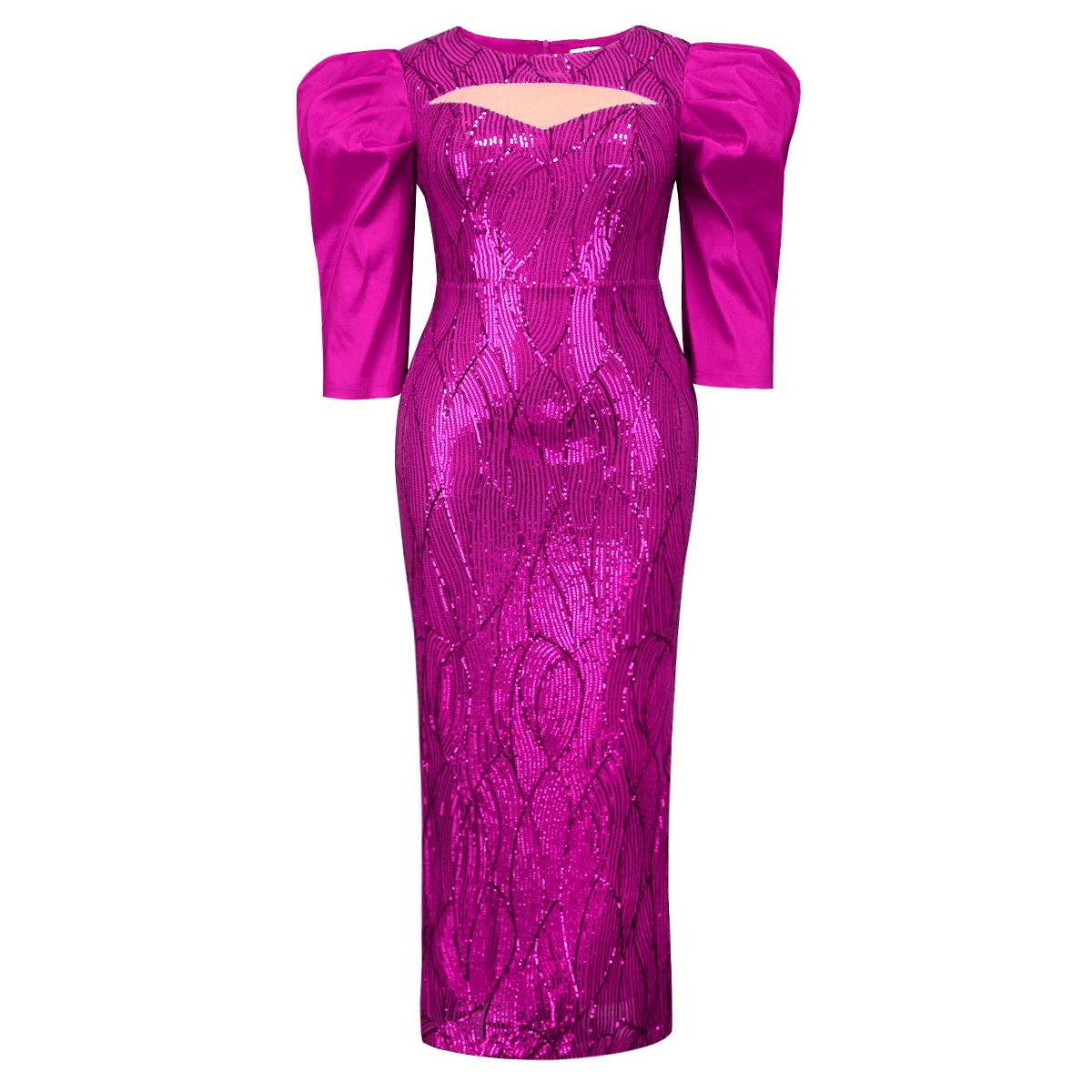 AOMEI Роскошные платья цвета фуксии с блестками для женщин с круглым вырезом и сеткой в стиле пэчворк с пышными рукавами и облегающими стильными длинными вечерними вечерними платьями для выпускного вечера