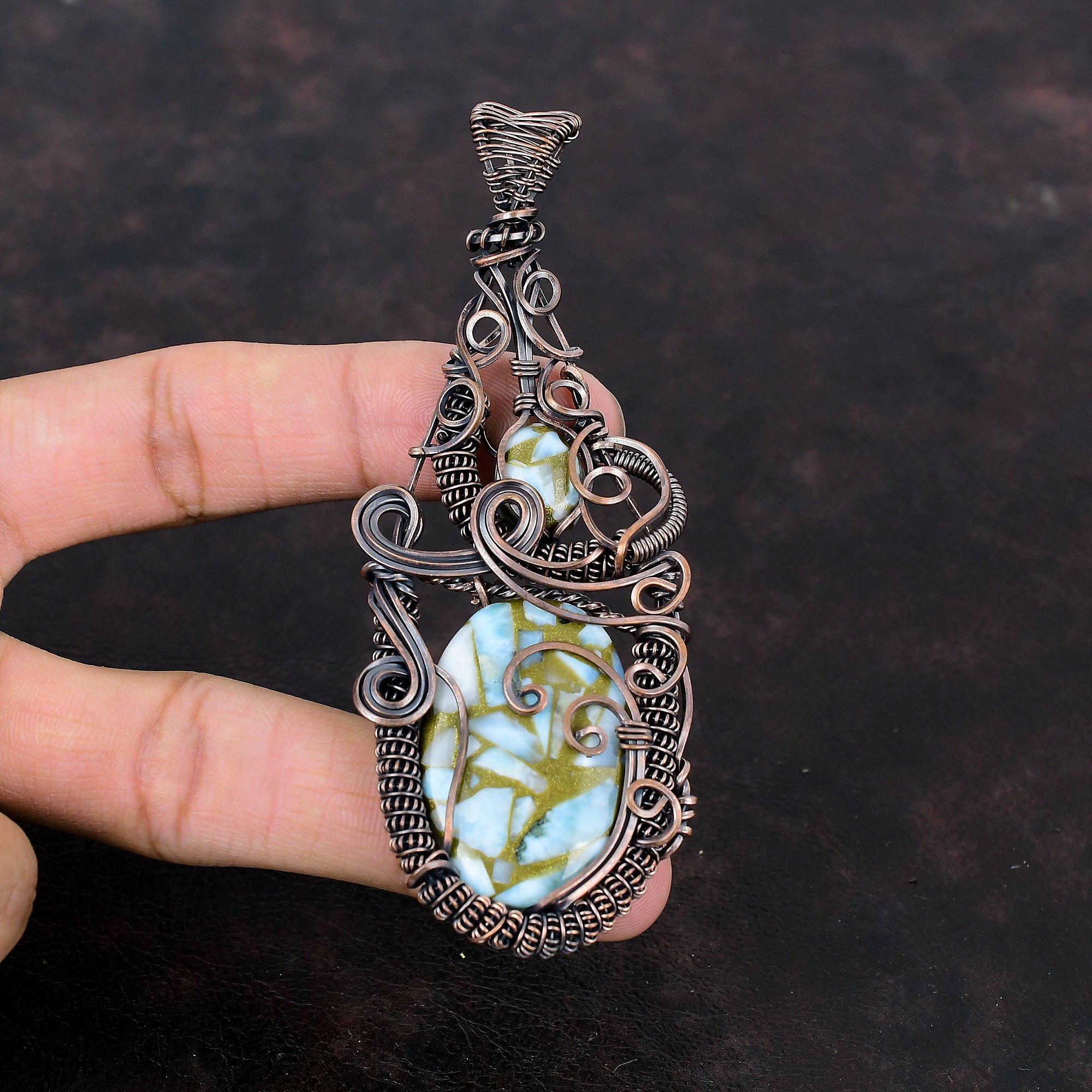 Copper Larimar Pendant Copper Wire Wrapped Jewelry Gemstone Pendant Handmade Copper Pendant Larimar Jewelry Gift For Women Wire Wrap Pendant