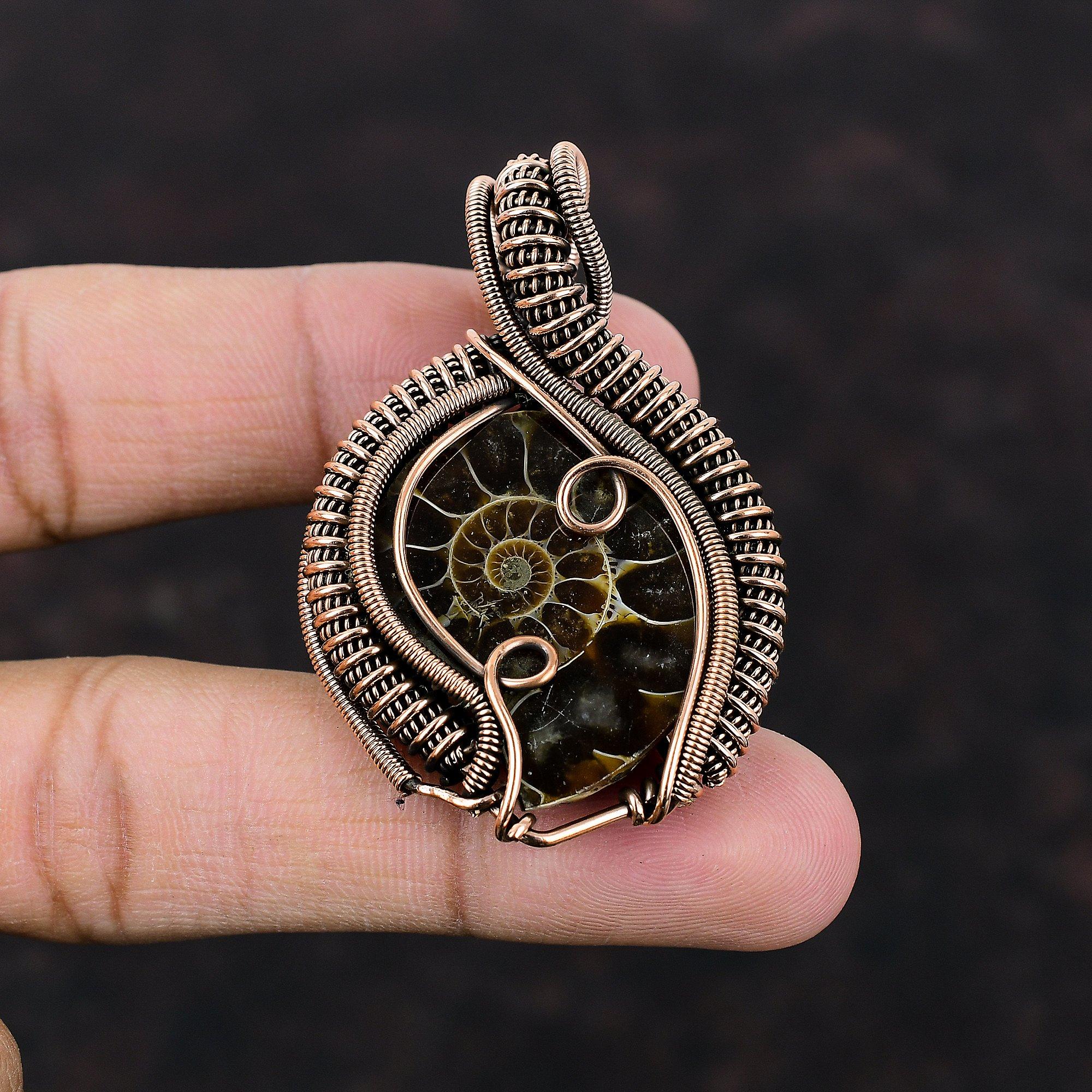 Ammonite Fossil Gemstone Pendant Copper Wire Wrapped Pendant Ethnic Jewelry Handmade Pendant Copper Jewelry Birthstone Pendant Gift For Her
