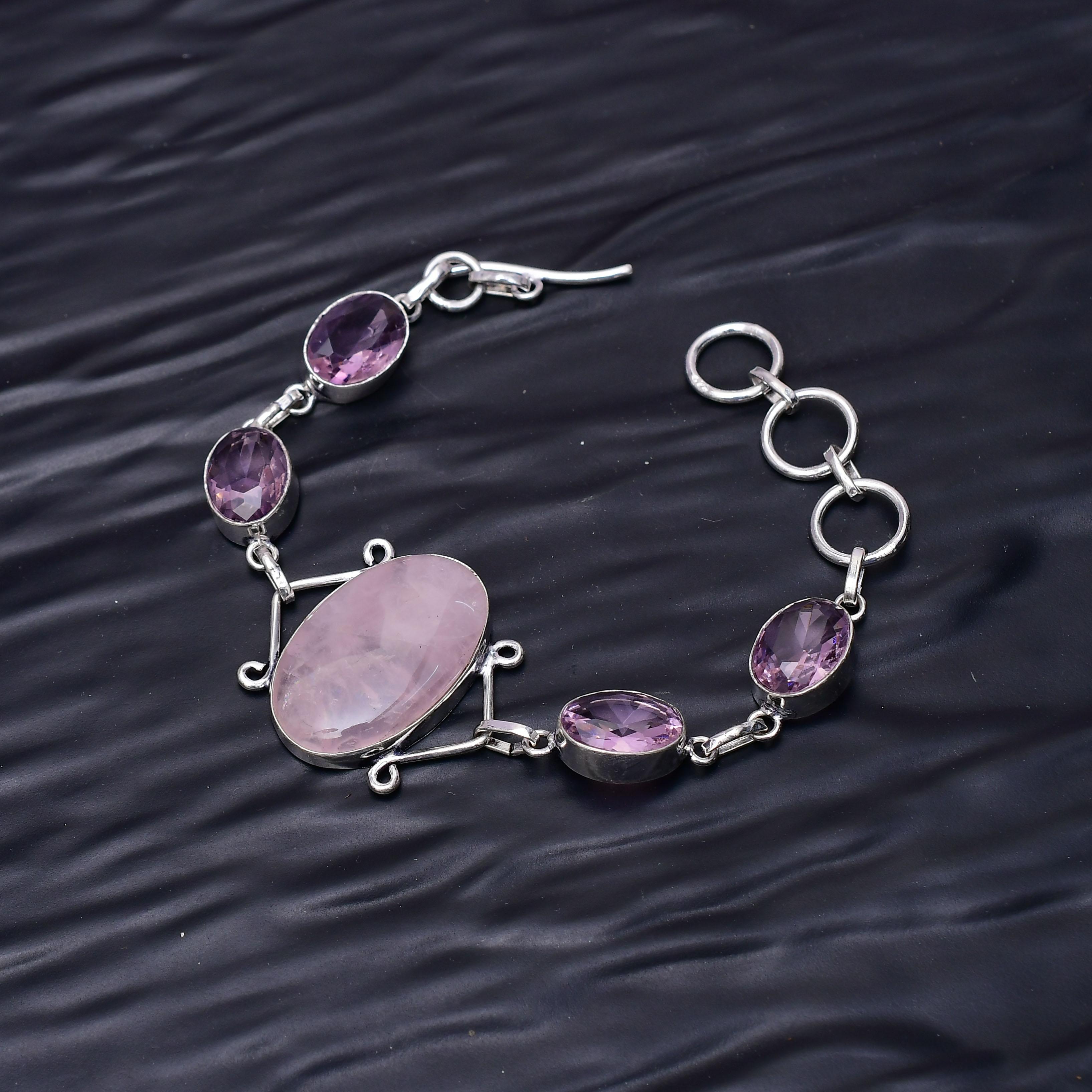 Rose Quartz & Pink Kunzite Gemstone : 925 Sterling Silver Handmade Multi Gemstone Bracelet Jewelry