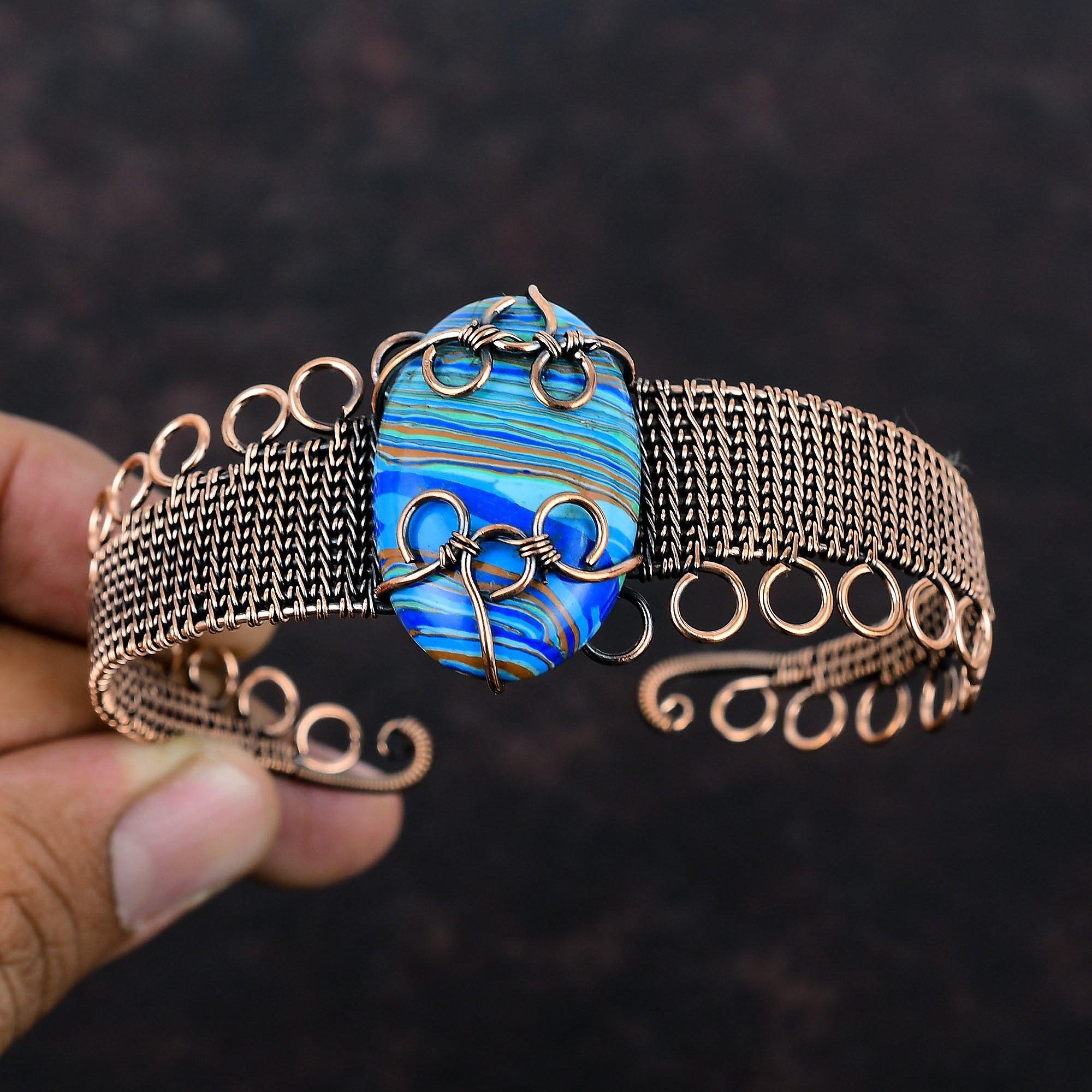 Радужный кальцит браслет-манжета с обмоткой из медной проволоки браслет-манжета из драгоценного камня ручной работы регулируемый браслет медные украшения подарок для невесты
