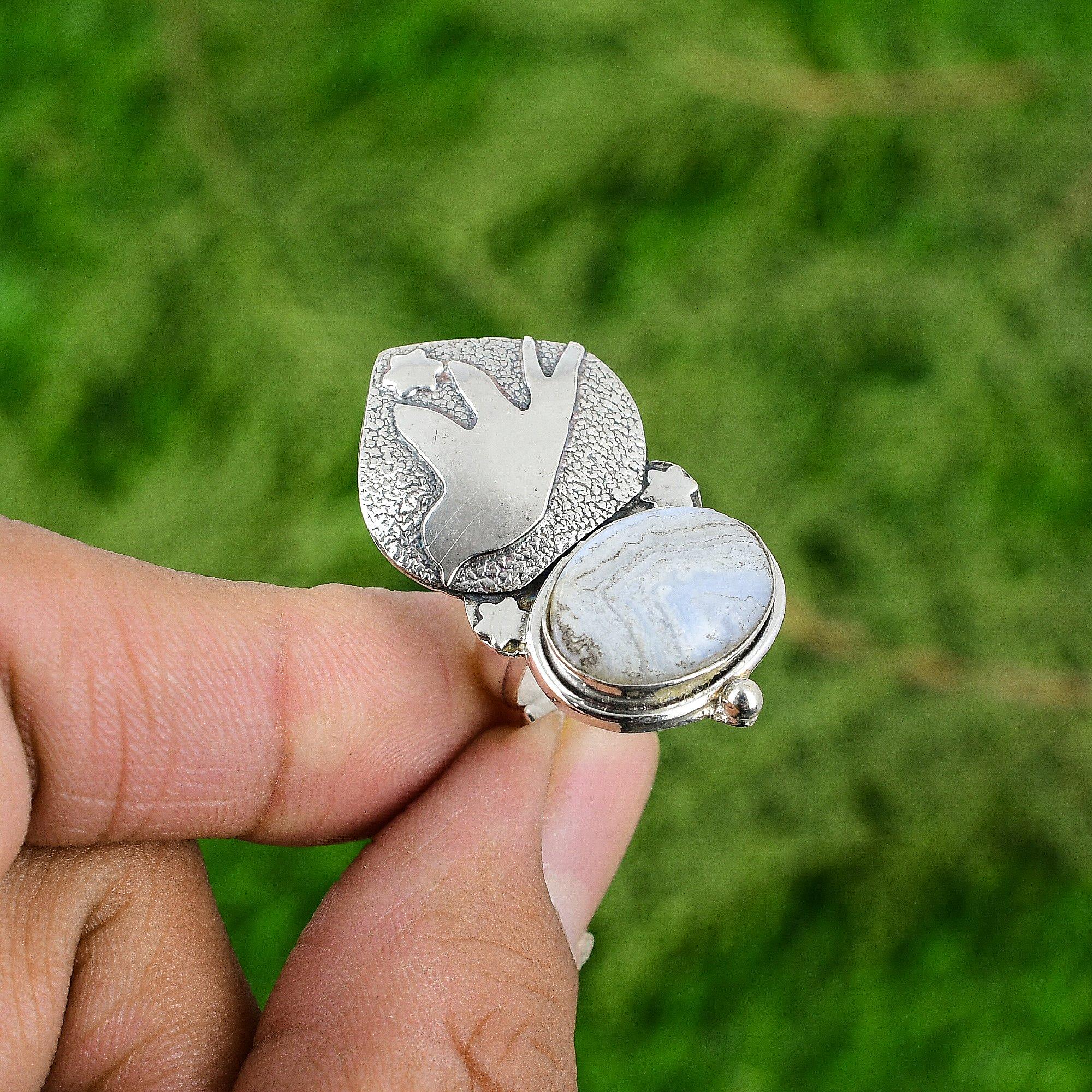 Blue Lace Agate Stone 925 Sterling Silver Wedding Bird Statement Ring Jewelry