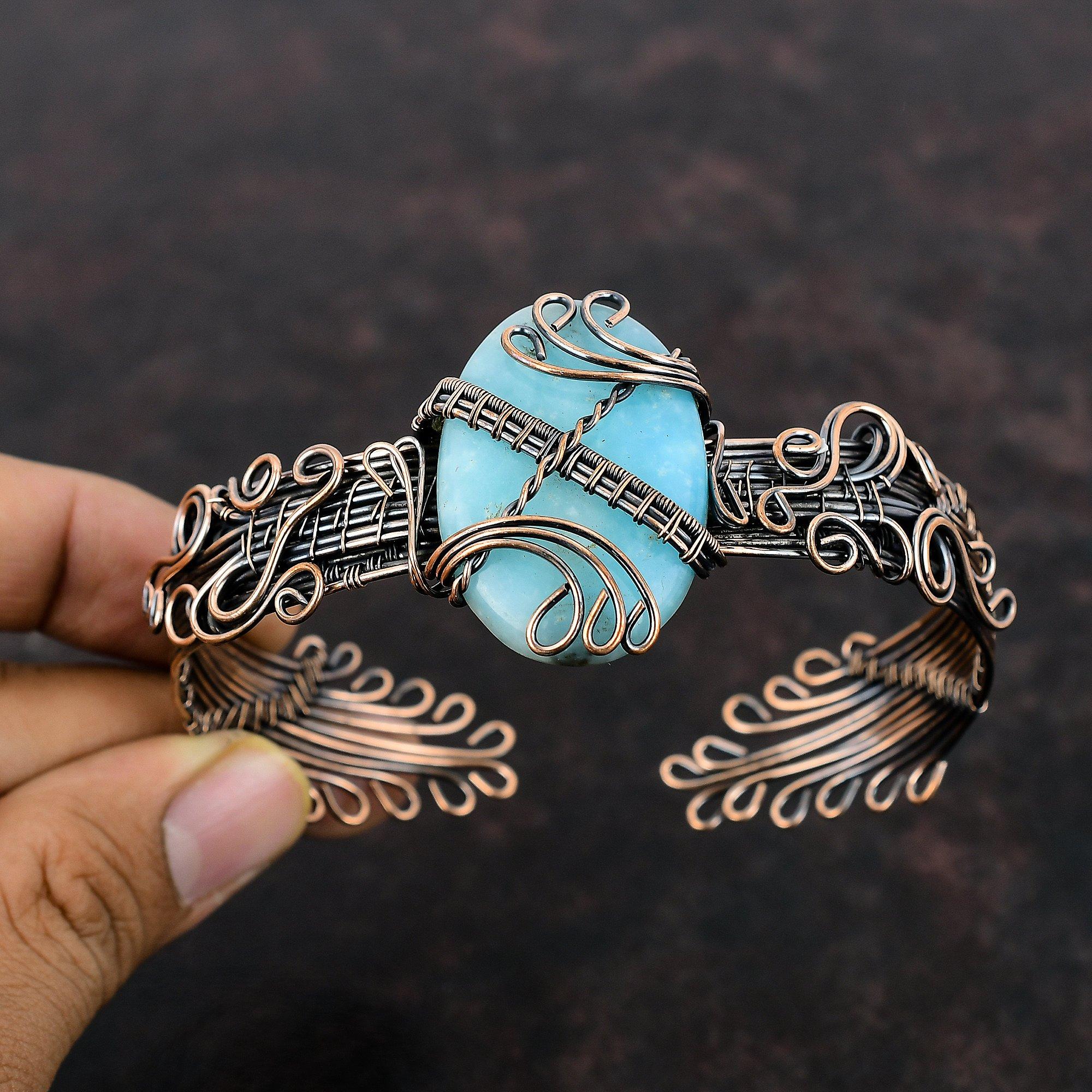 Hemimorphite Gemstone Cuff Bracelet Copper Wire Wrapped Bangle Adjustable Cuff Bracelet Copper Wire Wrapped Jewelry Handmade Bangle For Gift