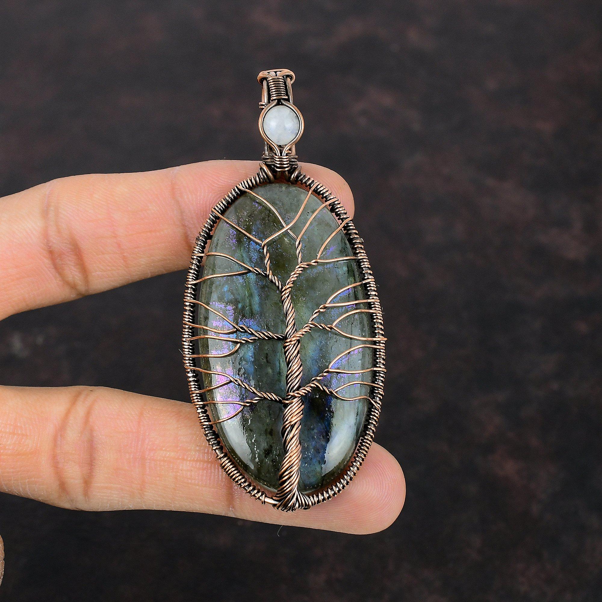 Подвеска Древо Жизни Мистический Огонь Лабрадорит Драгоценный Камень Медная Проволока Обмотанные Украшения Подвеска Радужный Лунный Камень Медная Подвеска Ручной Работы Для Подарка