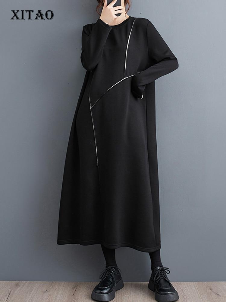 Xitao Повседневное однотонное женское платье, свободное женское пуловерное платье на молнии HQQ1543