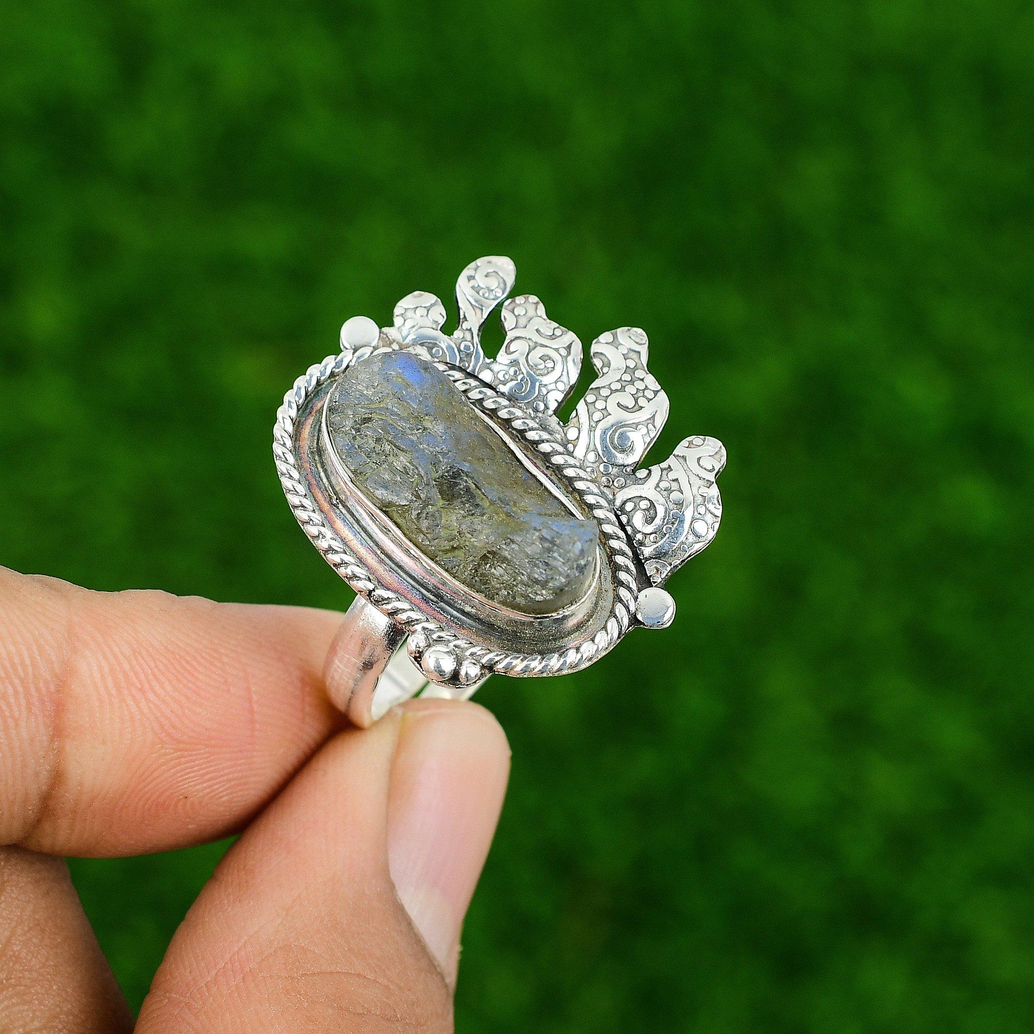 Подарок для нее Серебро 925 пробы Натуральный лабрадорит Необработанный Штабелируемое Регулируемое кольцо