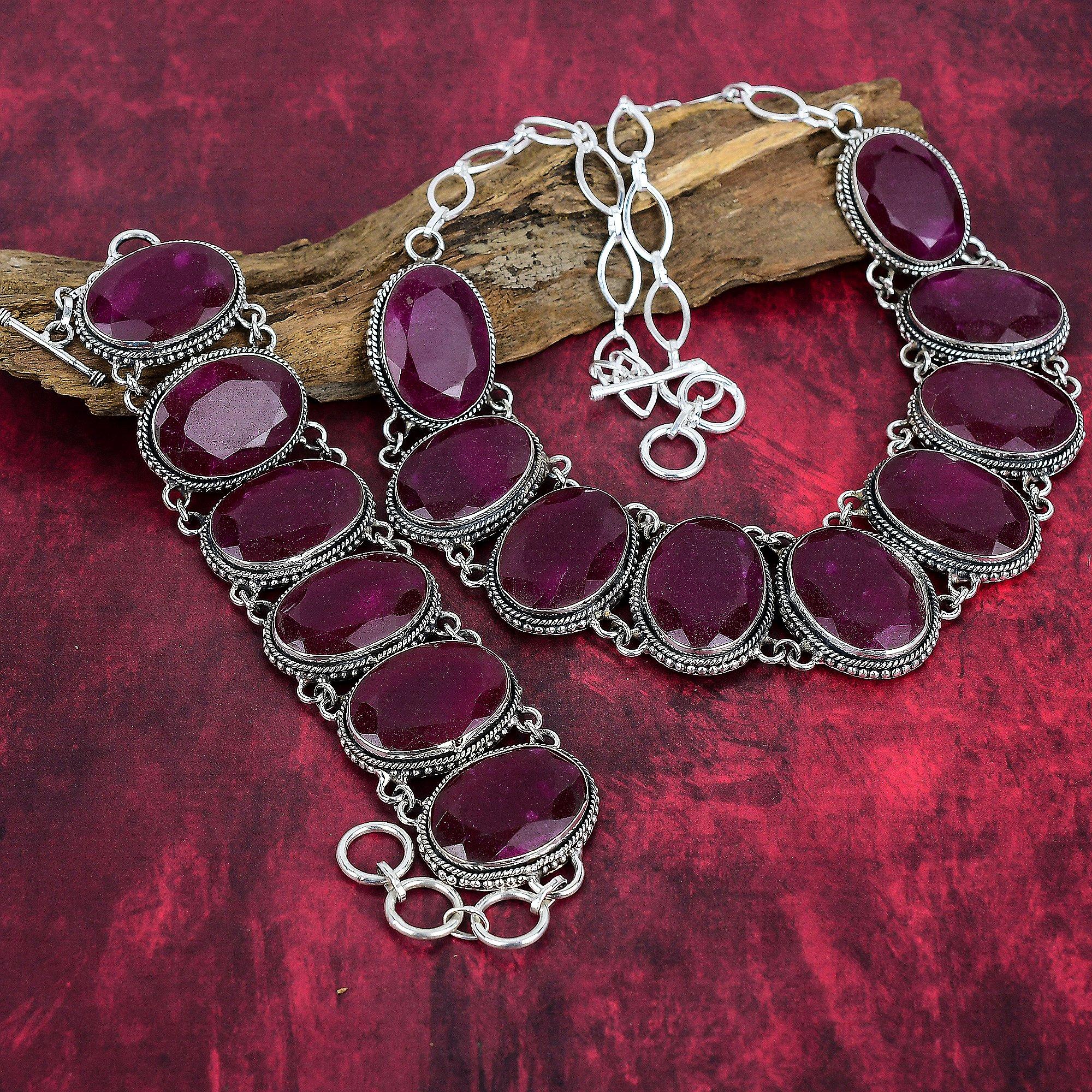 Кашмирский красный рубин, стерлинговое серебро 925 пробы, ожерелье и браслет, комплект ювелирных изделий, ювелирные изделия ручной работы, прекрасный драгоценный камень, регулируемая цепочка, комплект ювелирных изделий для нее