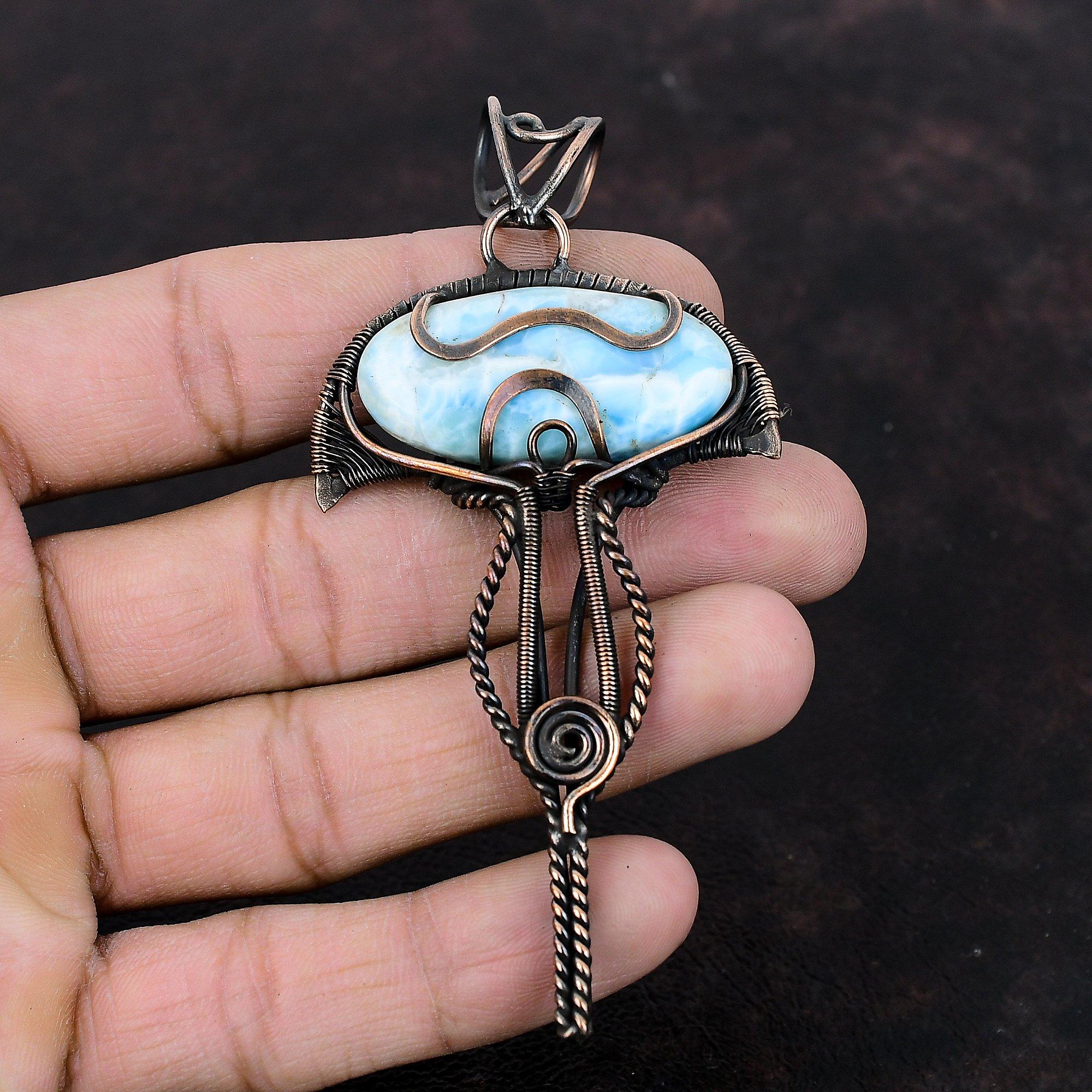 Подвеска из ларимара, обернутая медной проволокой, ювелирные изделия из драгоценных камней ларимара, дизайнерская подвеска ручной работы, уникальные ювелирные изделия из медной проволоки, подарки на помолвку