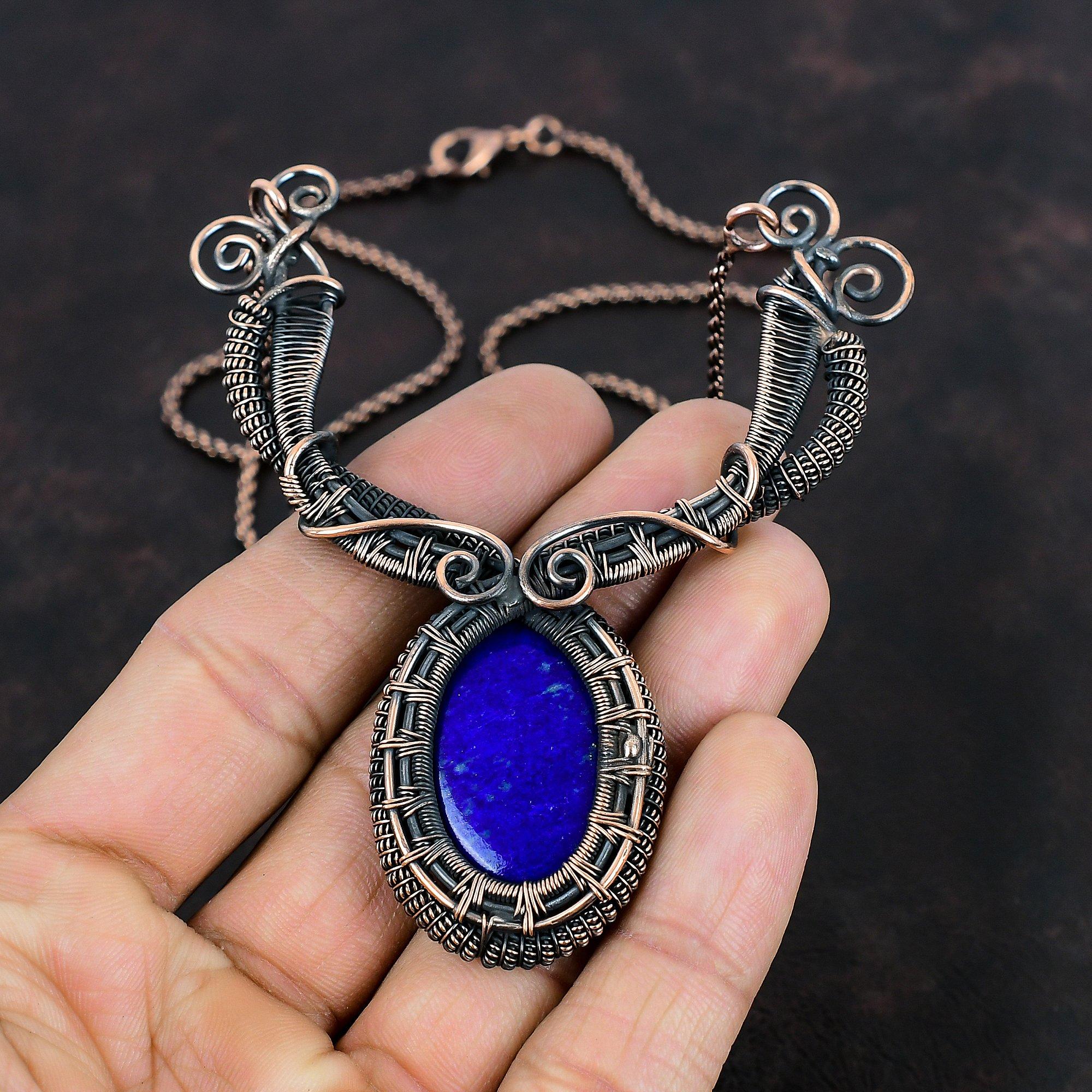 Ожерелье из лазурита, ожерелье из медной проволоки, ожерелье из драгоценных камней, дизайнерское ожерелье, ювелирные изделия из медной проволоки, ожерелье ручной работы для подарка