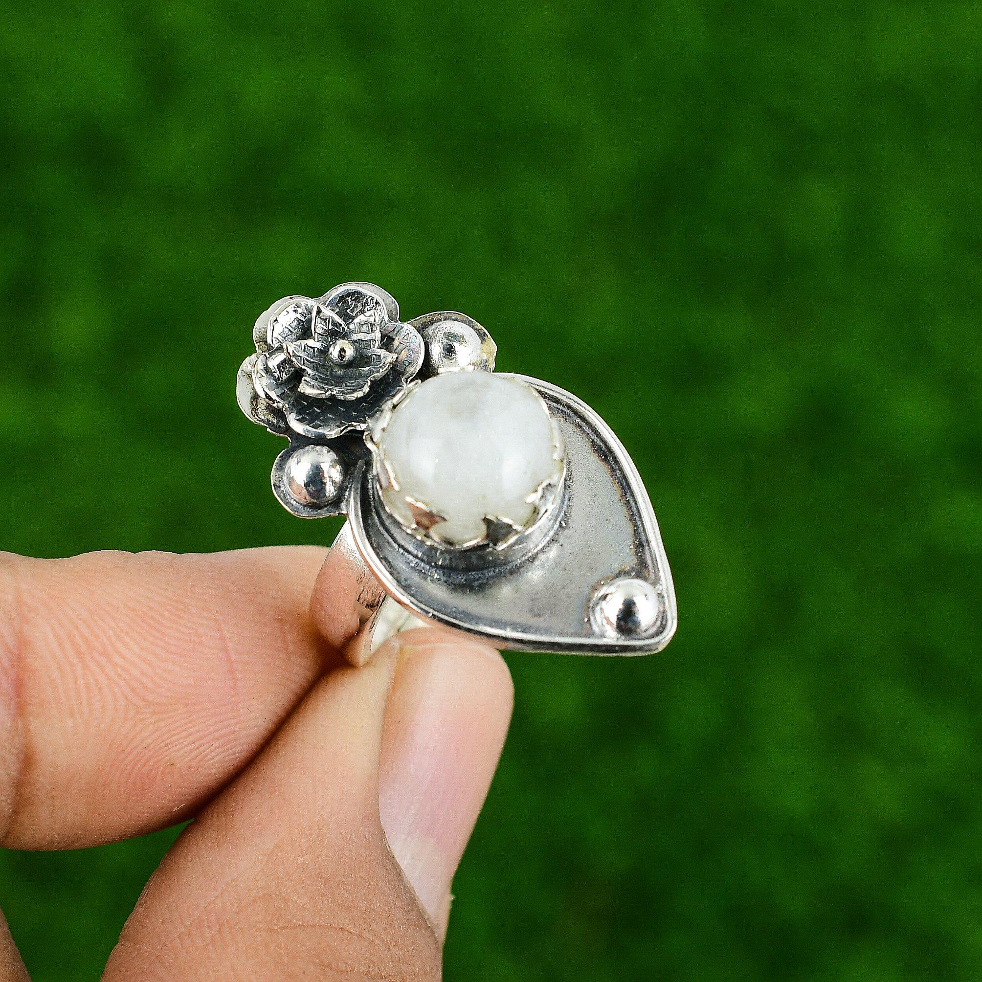 Natural Rainbow Moonstone Multi Stone Flower Adjustable Ring 925 Silver