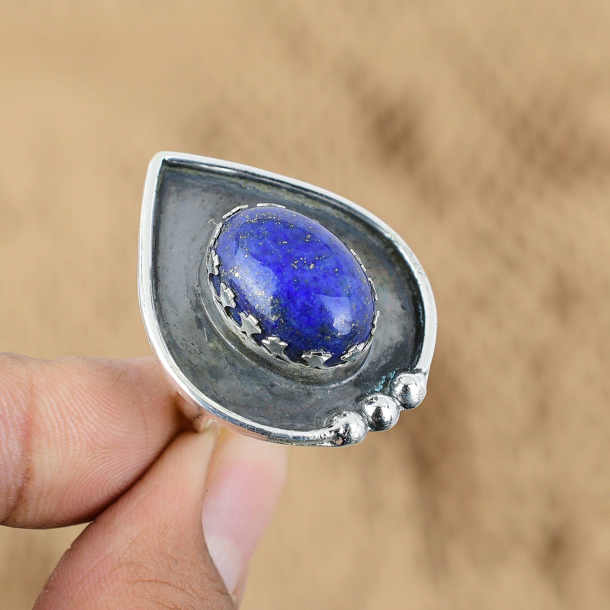 Natural Lapis Lazuli Gemstone 925 Silver Promise Adjustable Ring For Women