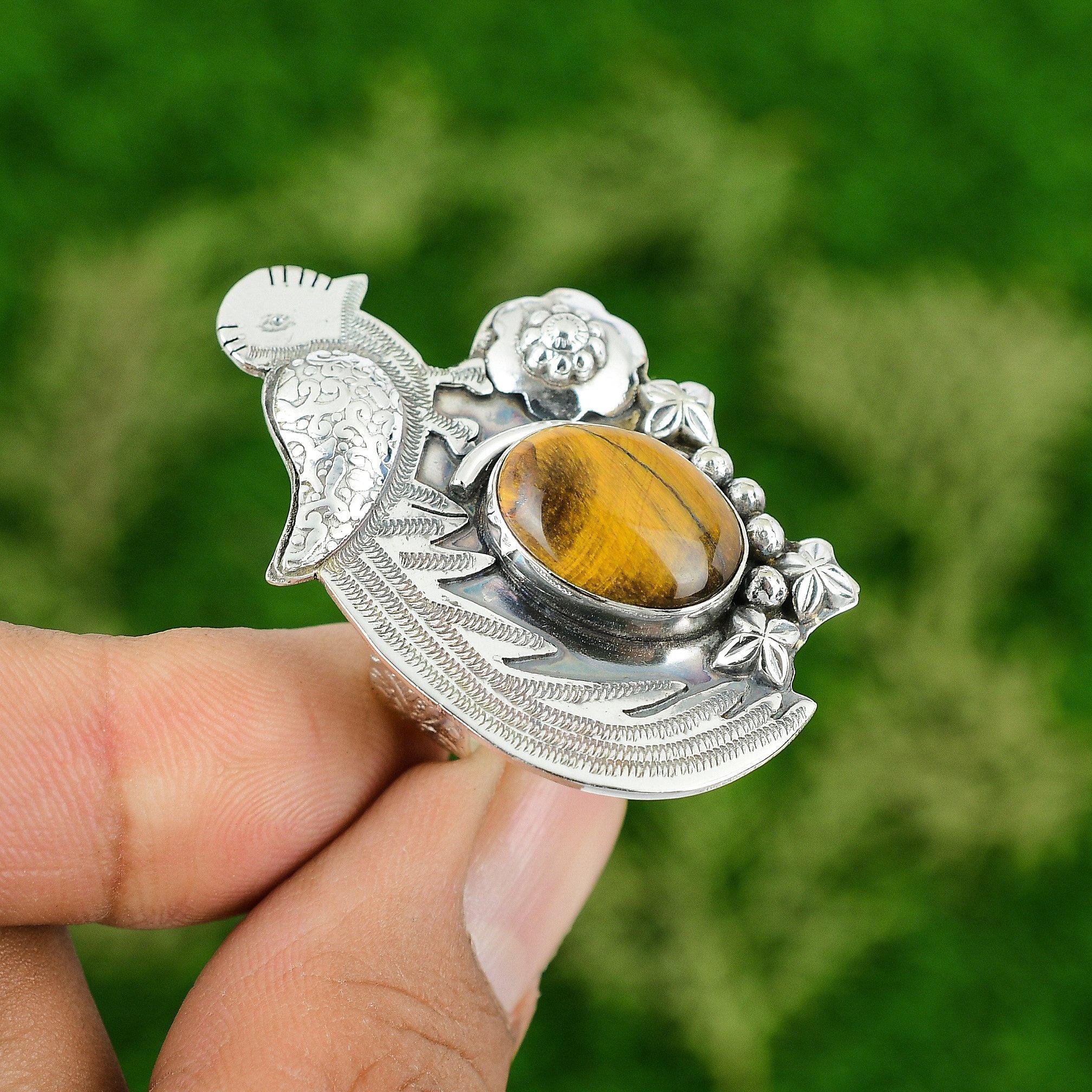 Natural TigerS Eye 925 Silver Multi Stone Bird Adjustable Ring For Girls