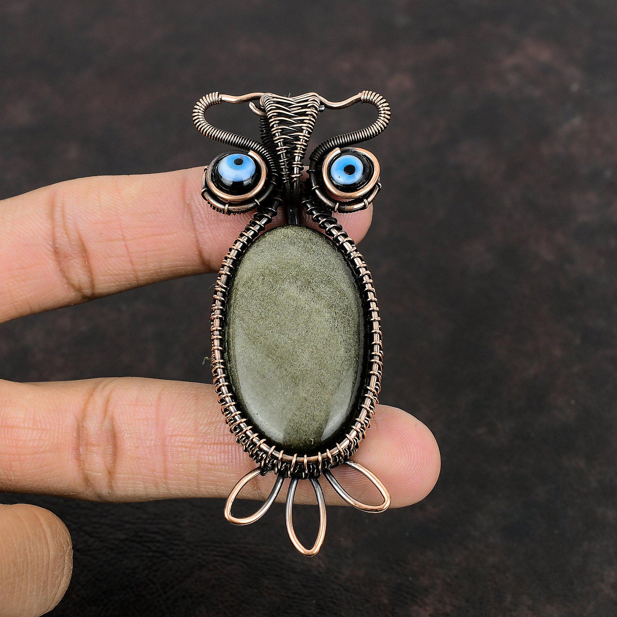 Серебряный Блеск Обсидиана Кулон Черный Цвет Кулон Сглаза Медная Проволока Обернутый Кулон Ювелирные Изделия Из Драгоценных Камней Кулон Сова Медные Ювелирные Изделия Ручной Работы