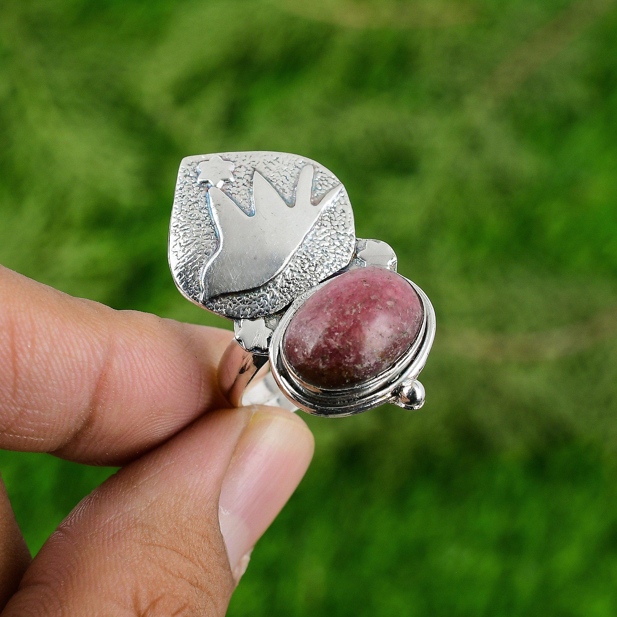 Gift For Women Solitaire Bird Adjustable Ring 925 Silver Natural Rhodonite