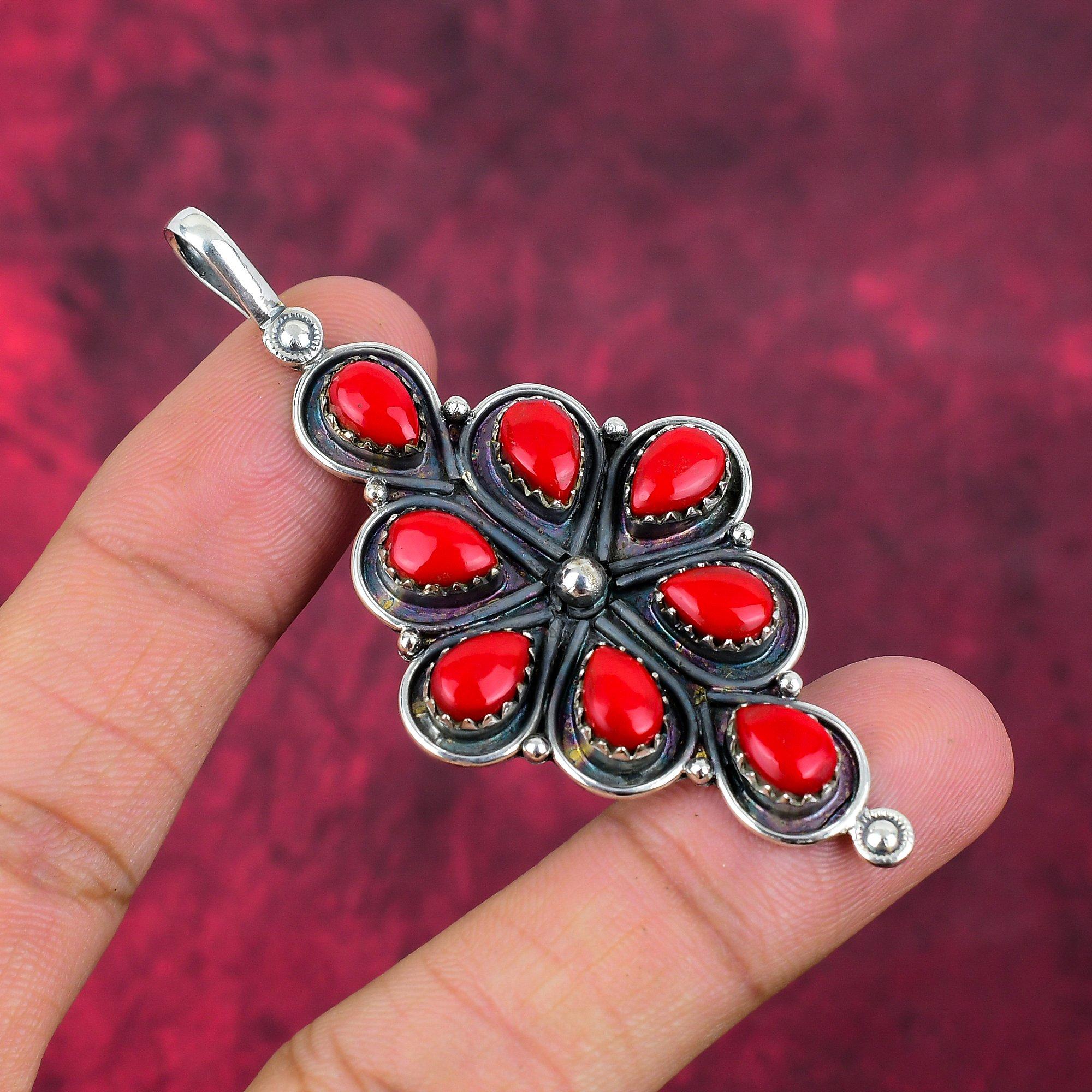 Подвеска из драгоценного камня ручной работы с красным кораллом, подвеска из стерлингового серебра 925 пробы, антикварные ювелирные изделия, для подарка на помолвку