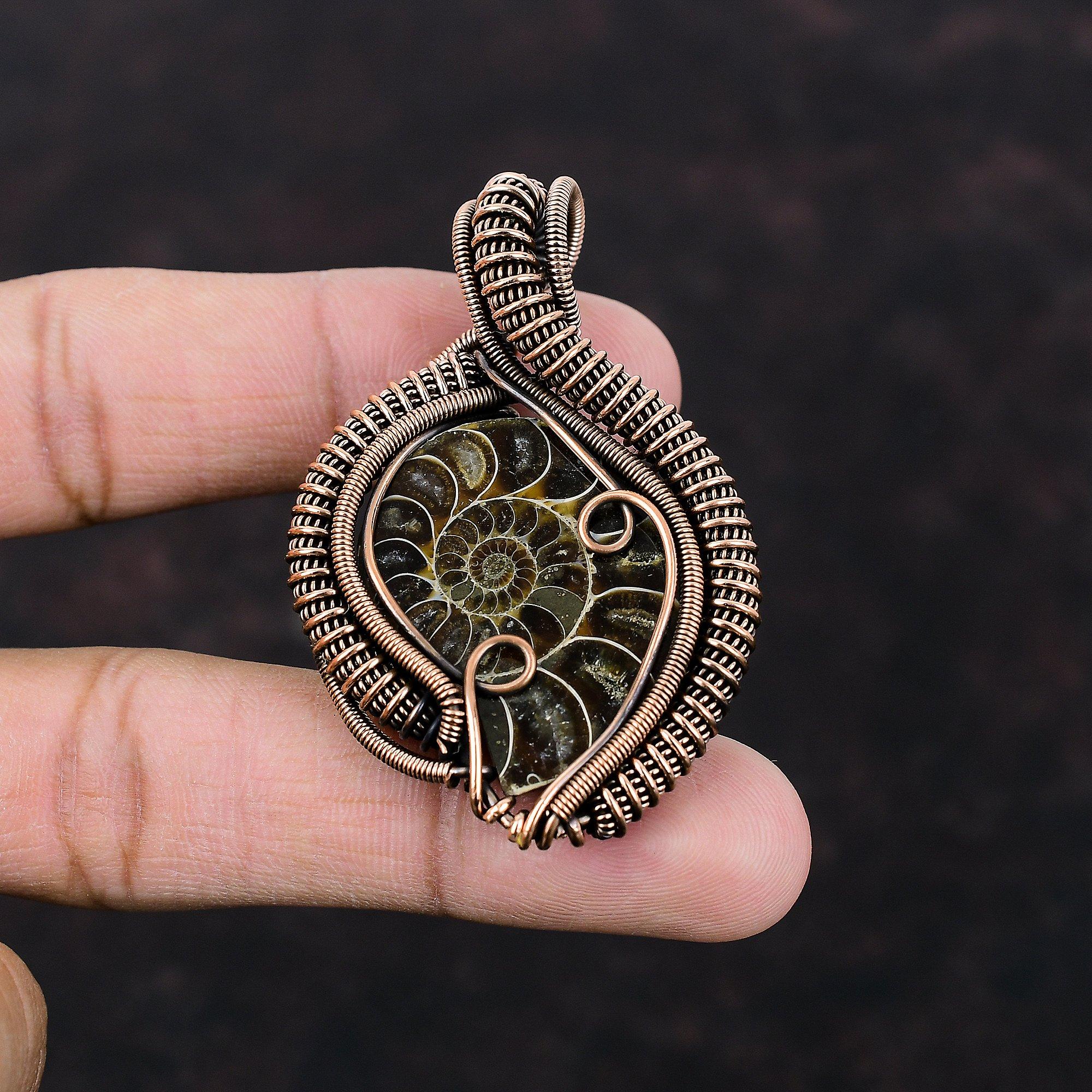 Ammonite Fossil Pendant Copper Wire Wrapped Pendant Handmade Pendant Beautiful Copper Jewelry Gemstone Pendant Gift For Her Designer Jewelry