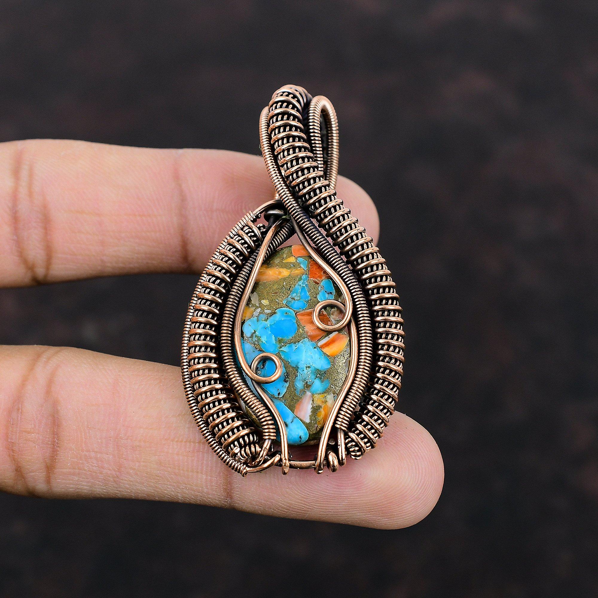 Spiny Oyster Copper Turquoise Pendant Copper Wire Wrapped Pendant Handmade Jewelry Gemstone Pendant Copper Wire Wrap Jewelry Engagement Gift