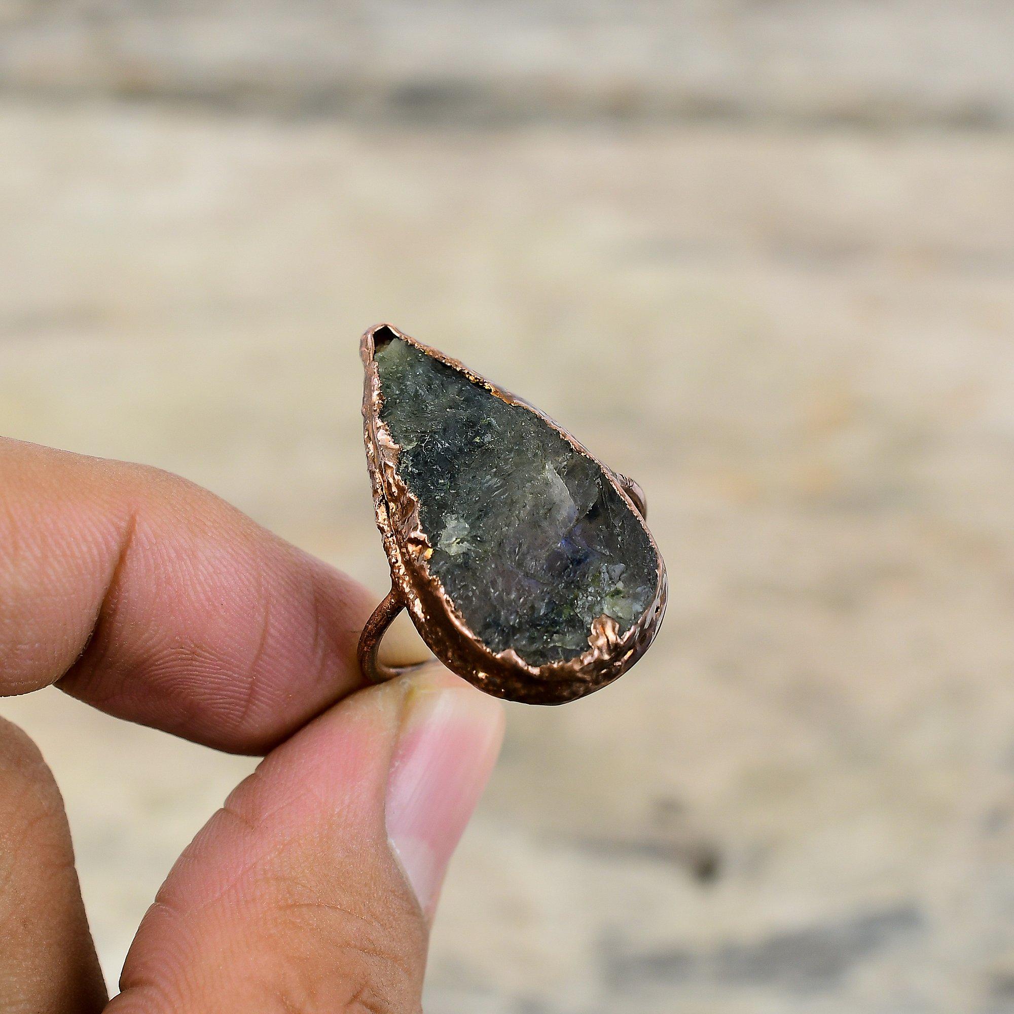 Кольцо из лабрадорита, гальванопластическое медное кольцо, регулируемое кольцо, ювелирные изделия ручной работы, изящное кольцо из драгоценных камней, гальванопластическое медное ювелирное изделие для подарка