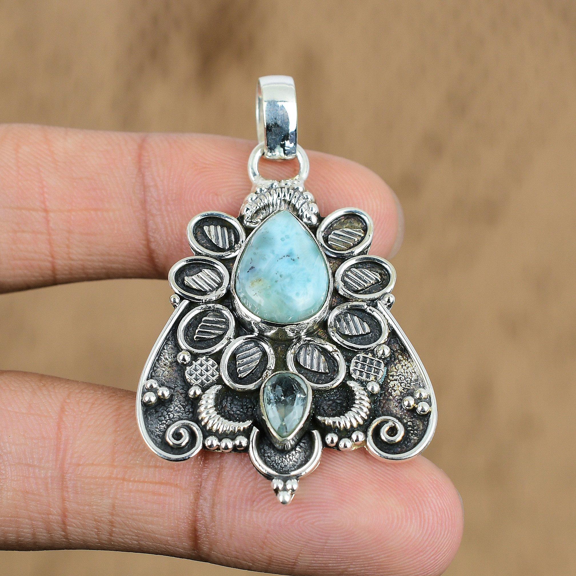 Натуральный Ларимар Подвеска с Драгоценным Камнем Синий Серебро 925 пробы Индийские Украшения