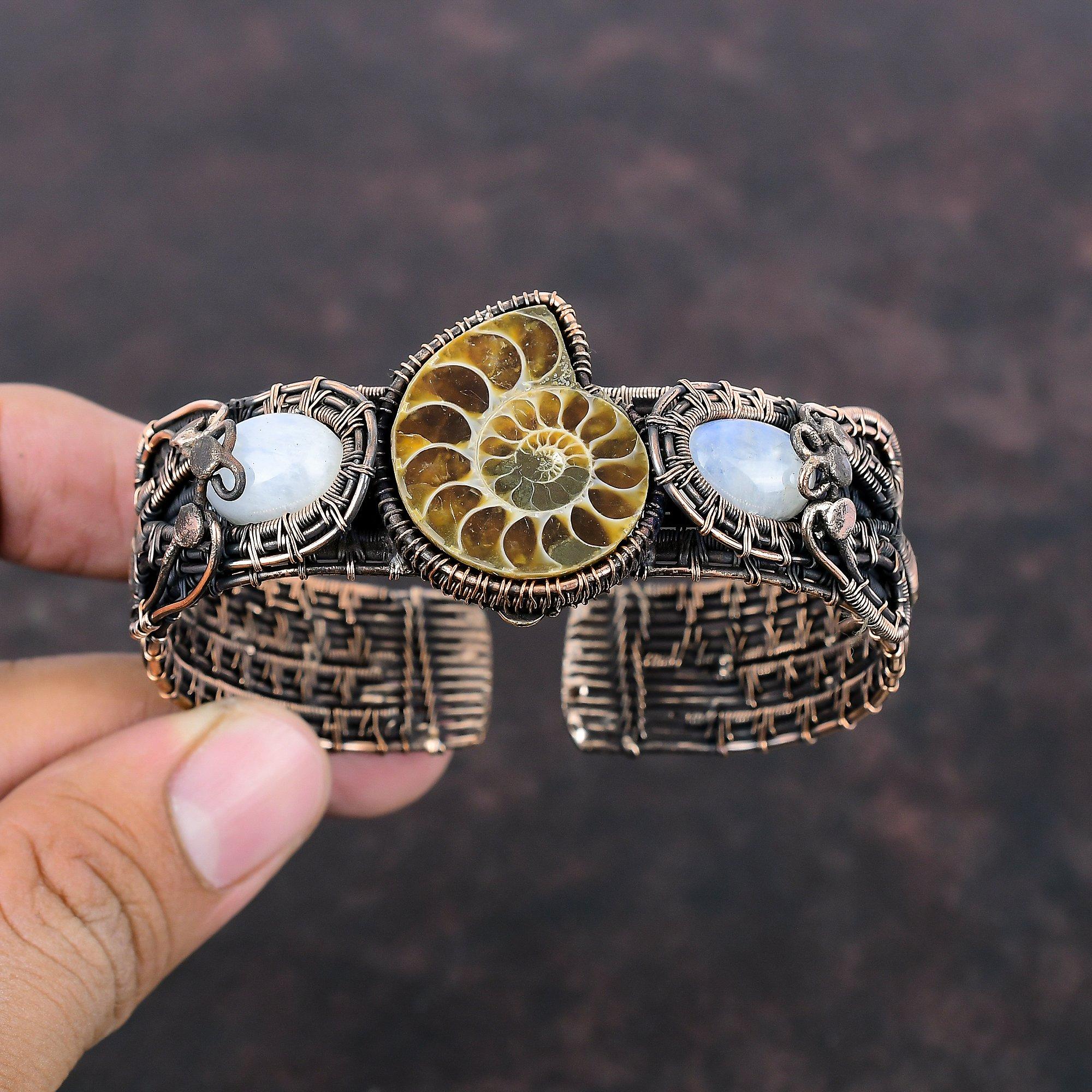 Браслет-манжета из аммонита ископаемого, медная проволока, браслет из драгоценного камня, браслет-манжета с радужным лунным камнем, регулируемый браслет, медные украшения ручной работы