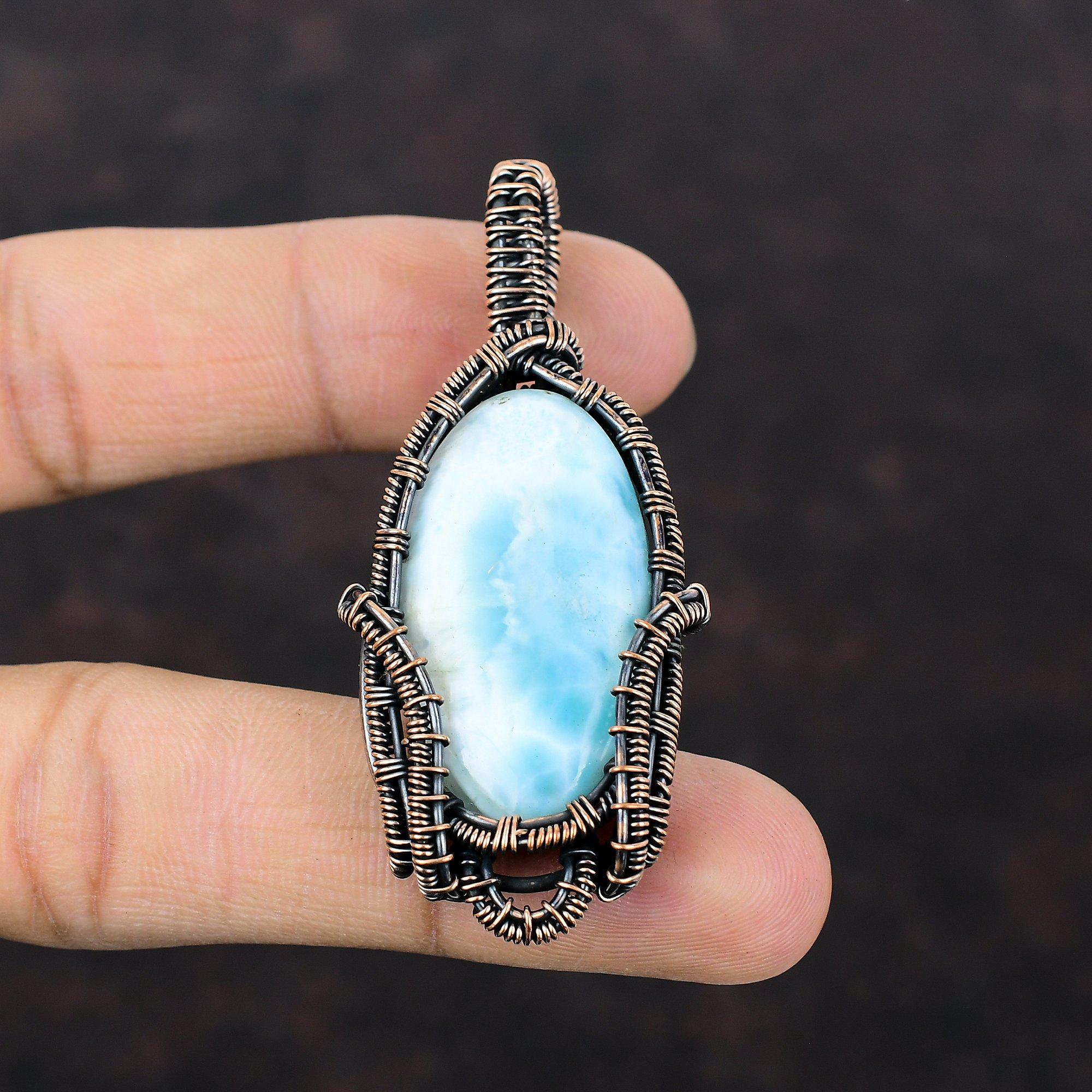 Подвеска из драгоценного камня Ларимар, обернутая медной проволокой, стильная подвеска, ручная работа, подвеска в стиле бохо, ларимар, украшения для подарка, обернутая медной проволокой