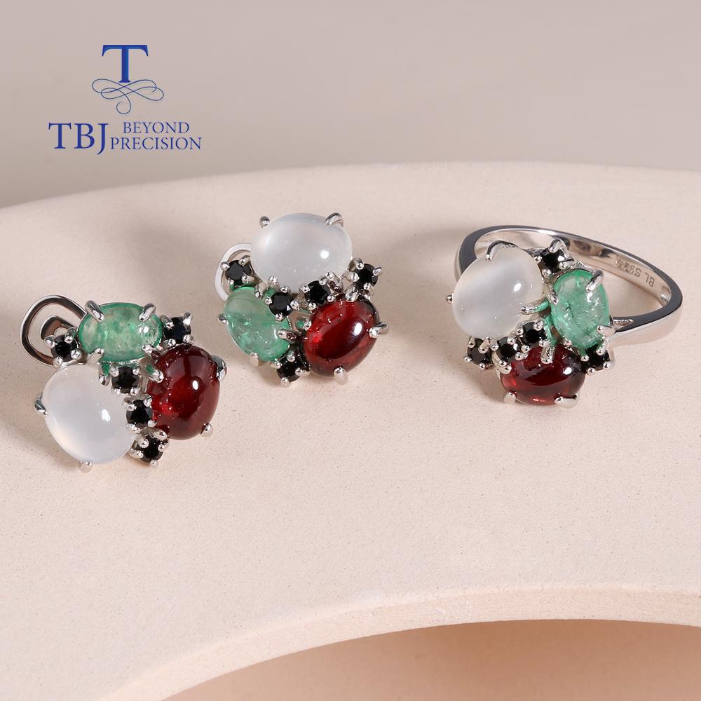 Натуральный драгоценный камень Изумруд Гранат Белый лунный камень Кольцо Серьги Комплект ювелирных изделий Стерлинговое серебро 925 пробы изысканные ювелирные изделия Модный подарок
