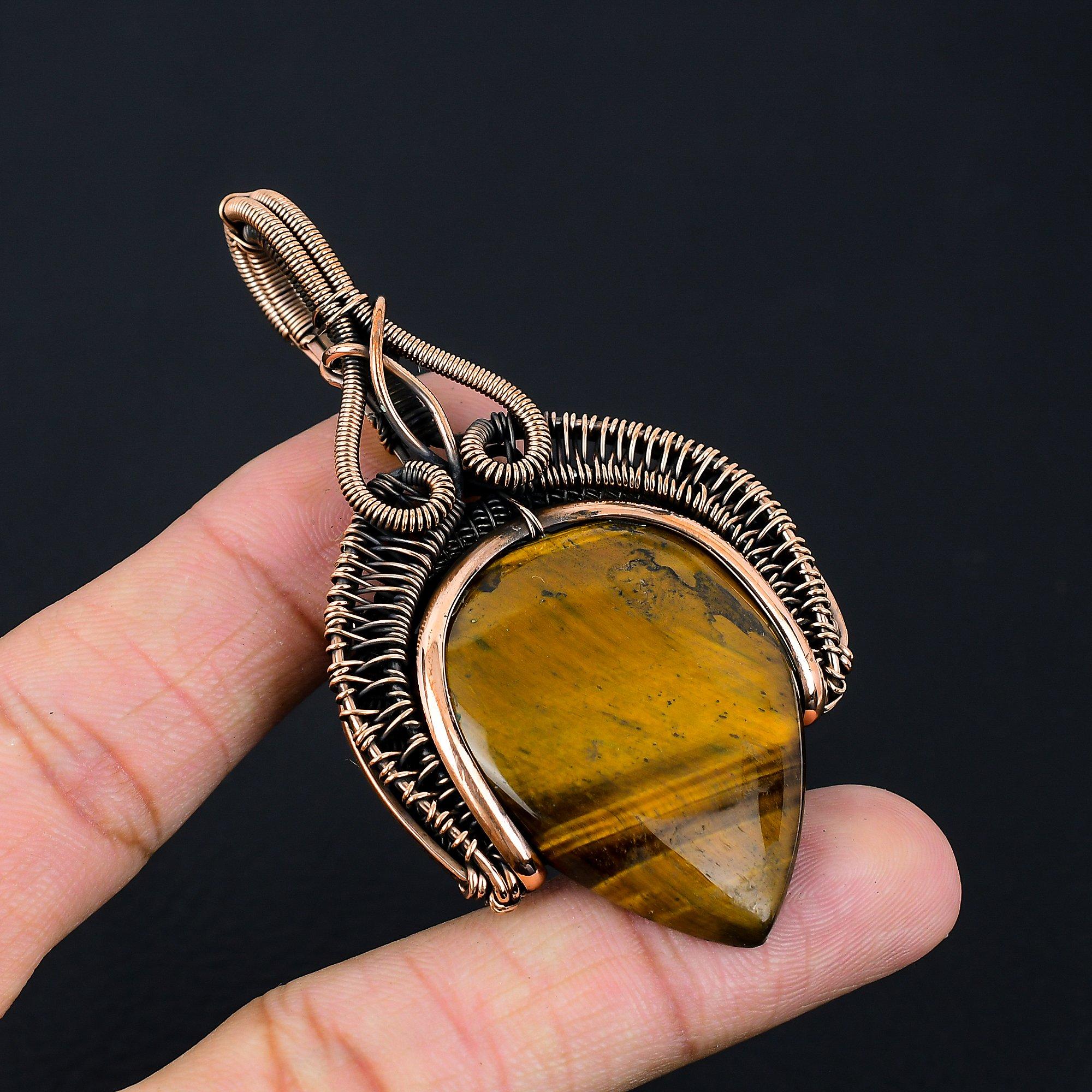 Tiger Eye Gemstone Handmade Pure Copper Wire Wrapped Pendant Jewelry For Women